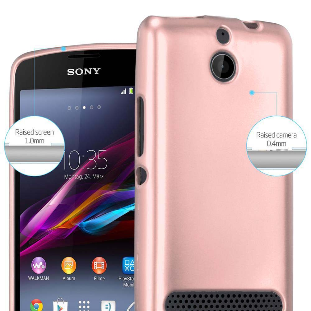 Telefono rosa con custodia. Lo schermo mostra ora e icone. La custodia ha una fotocamera.