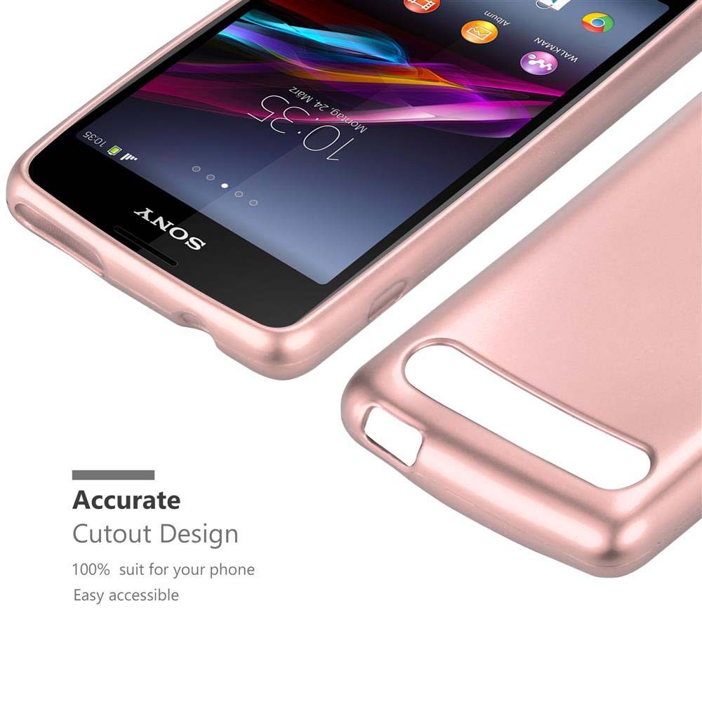 Un telefono oro rosa e custodia abbinata, con l'ora e le icone delle app. Testo: 'Accurate Cutout'.