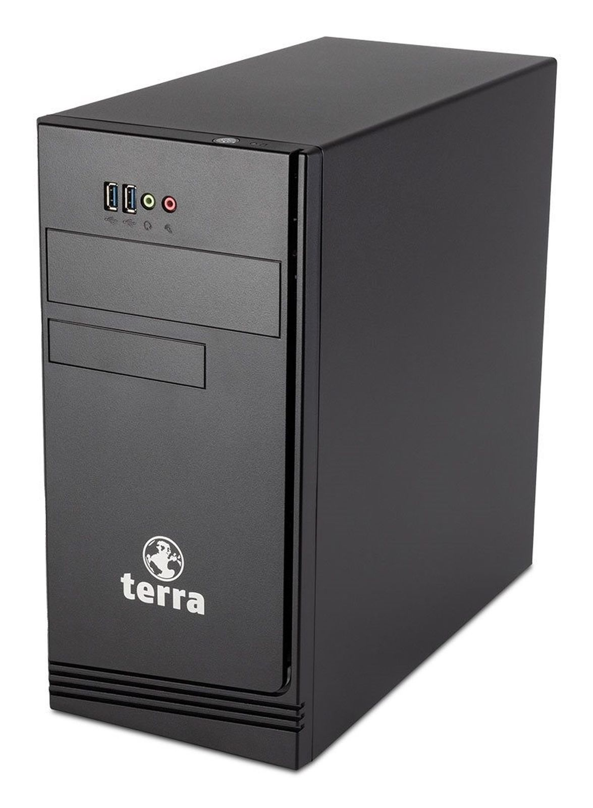 Schwarzer Desktop-Computer-Tower mit Frontanschlüssen und 'terra'-Logo.