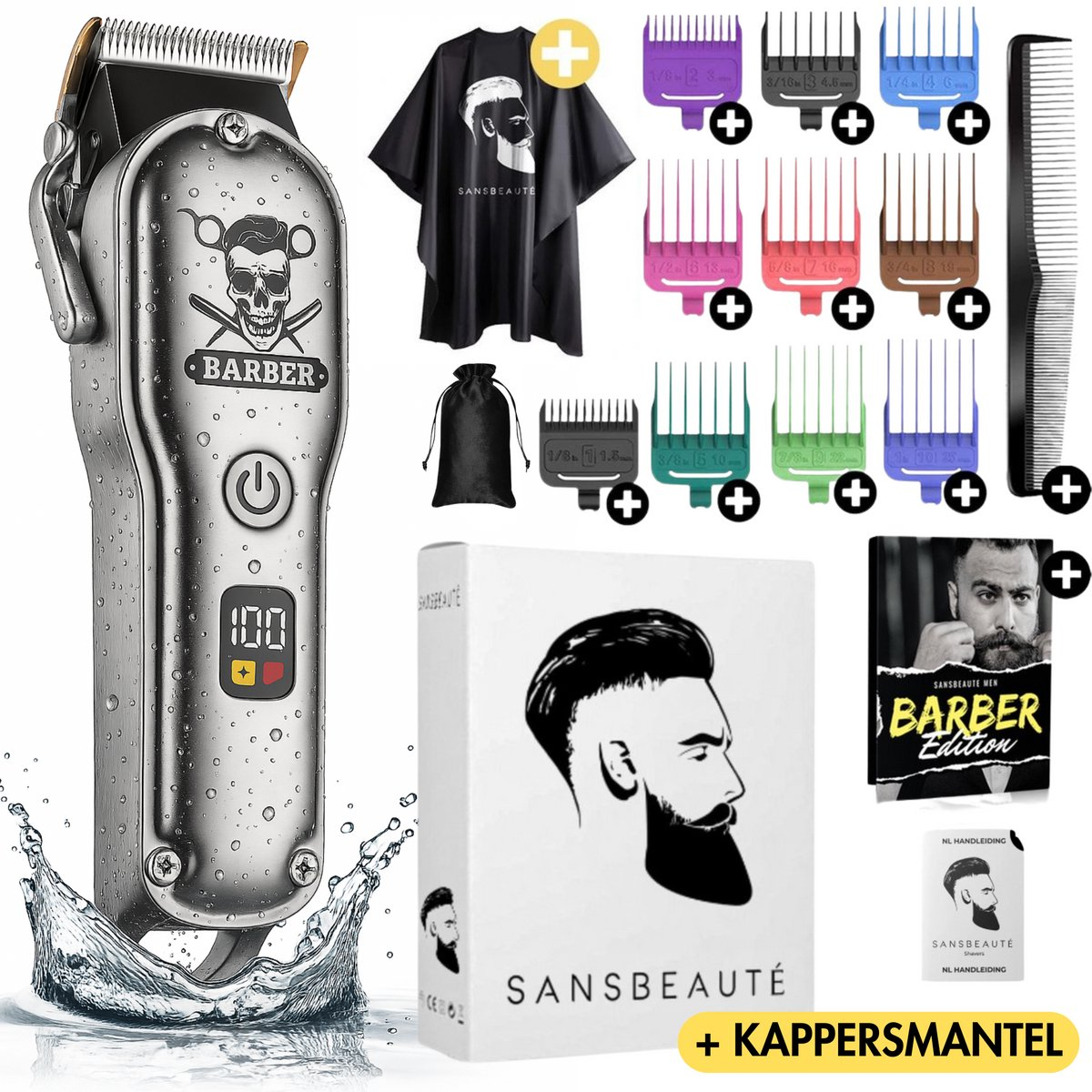 Barber-Kit mit Schermaschine, Capes, Führungen und einem Buch. Inklusive Kamm und Wasserspritzer.