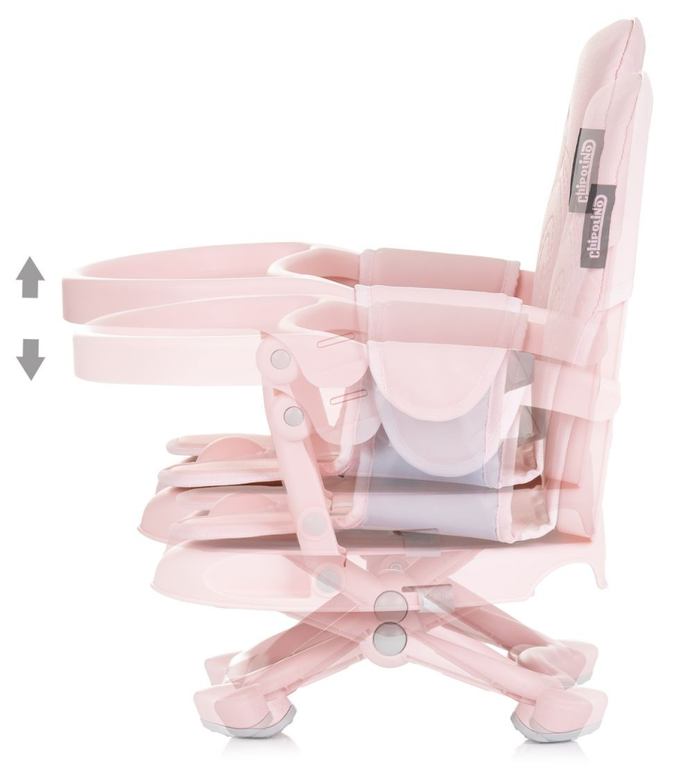 Una silla alta para bebé rosa con ajustes ajustables, vista lateral.