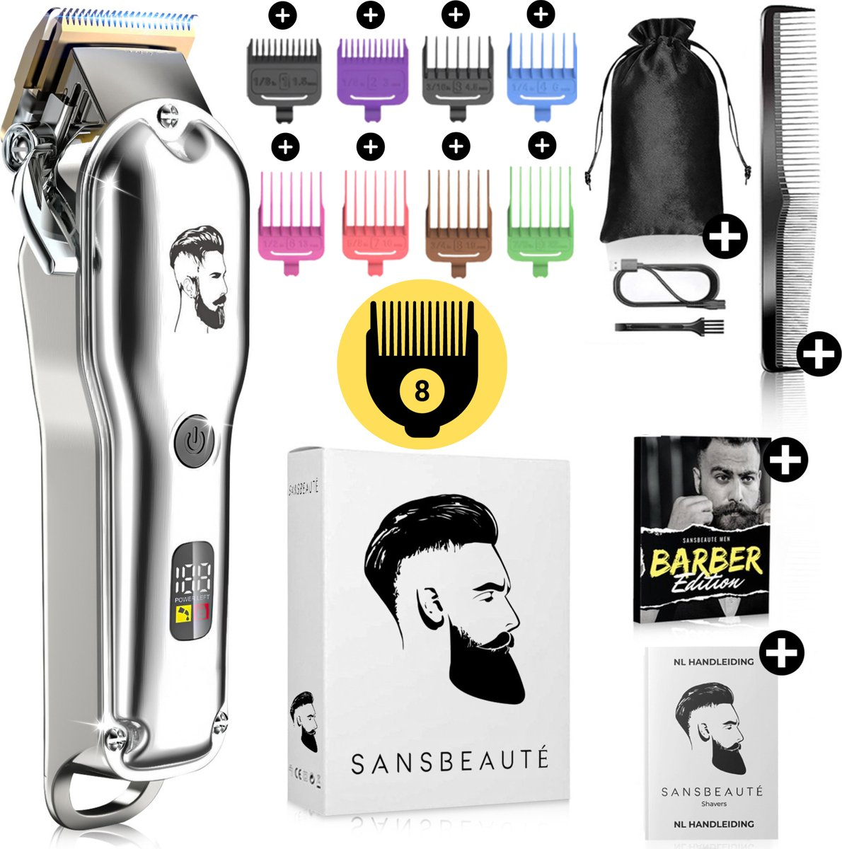 Zilveren tondeuse met accessoires, een zwarte tas, kammen en opzetkammen op wit.