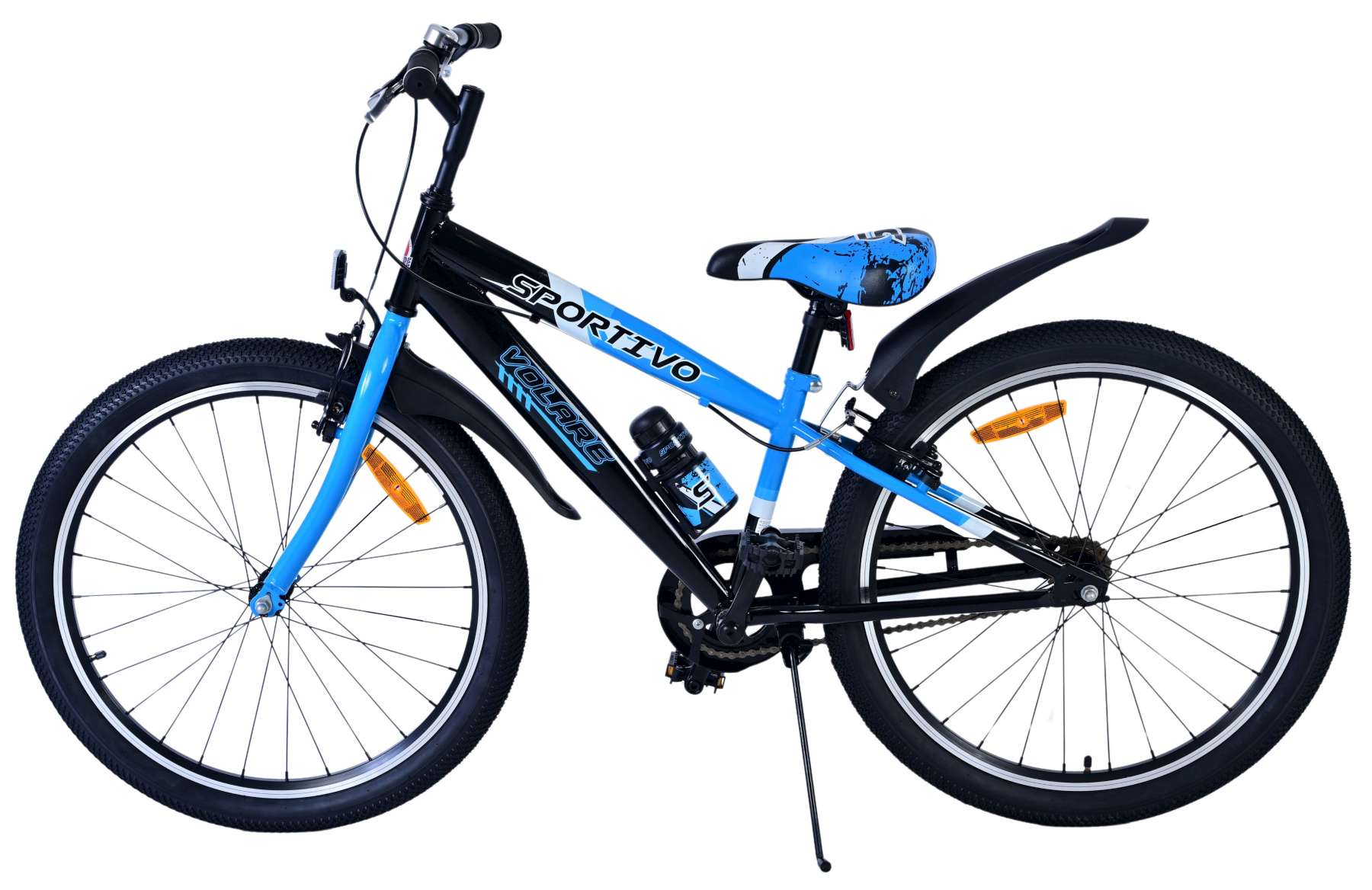 Sportivo Volare Fahrrad, schwarz und blau, mit Wasserflasche. Weißer Hintergrund.