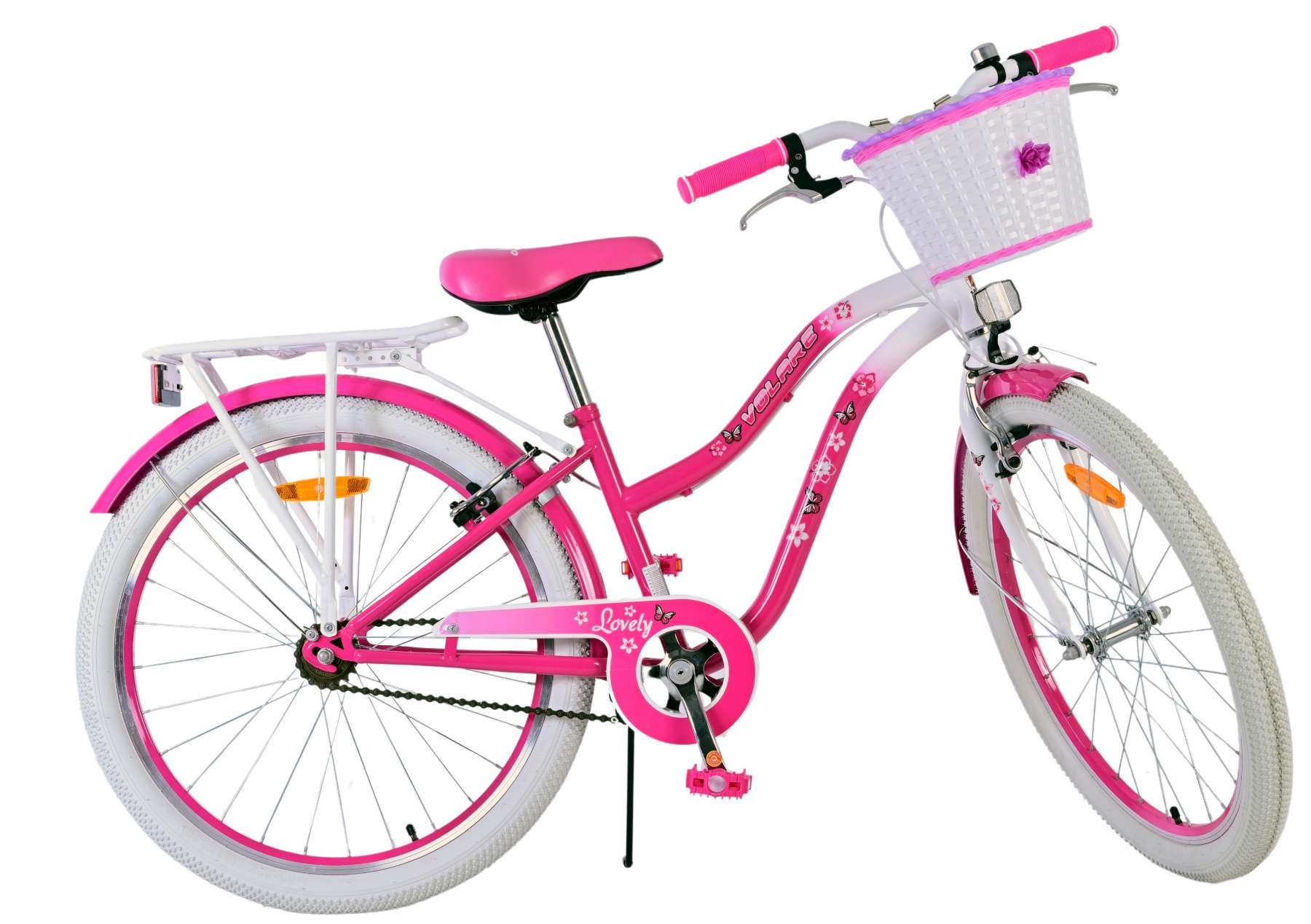 Rosa-weißes Mädchenfahrrad. Inklusive Korb, Schutzblechen und Gepäckträger.