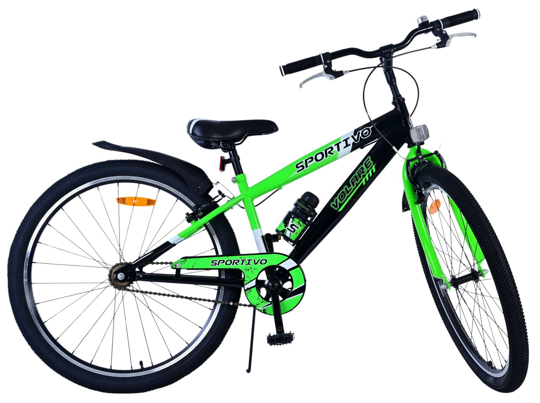 Ein grünes und schwarzes Sportivo-Fahrrad, Seitenansicht, isoliert auf weißem Hintergrund.