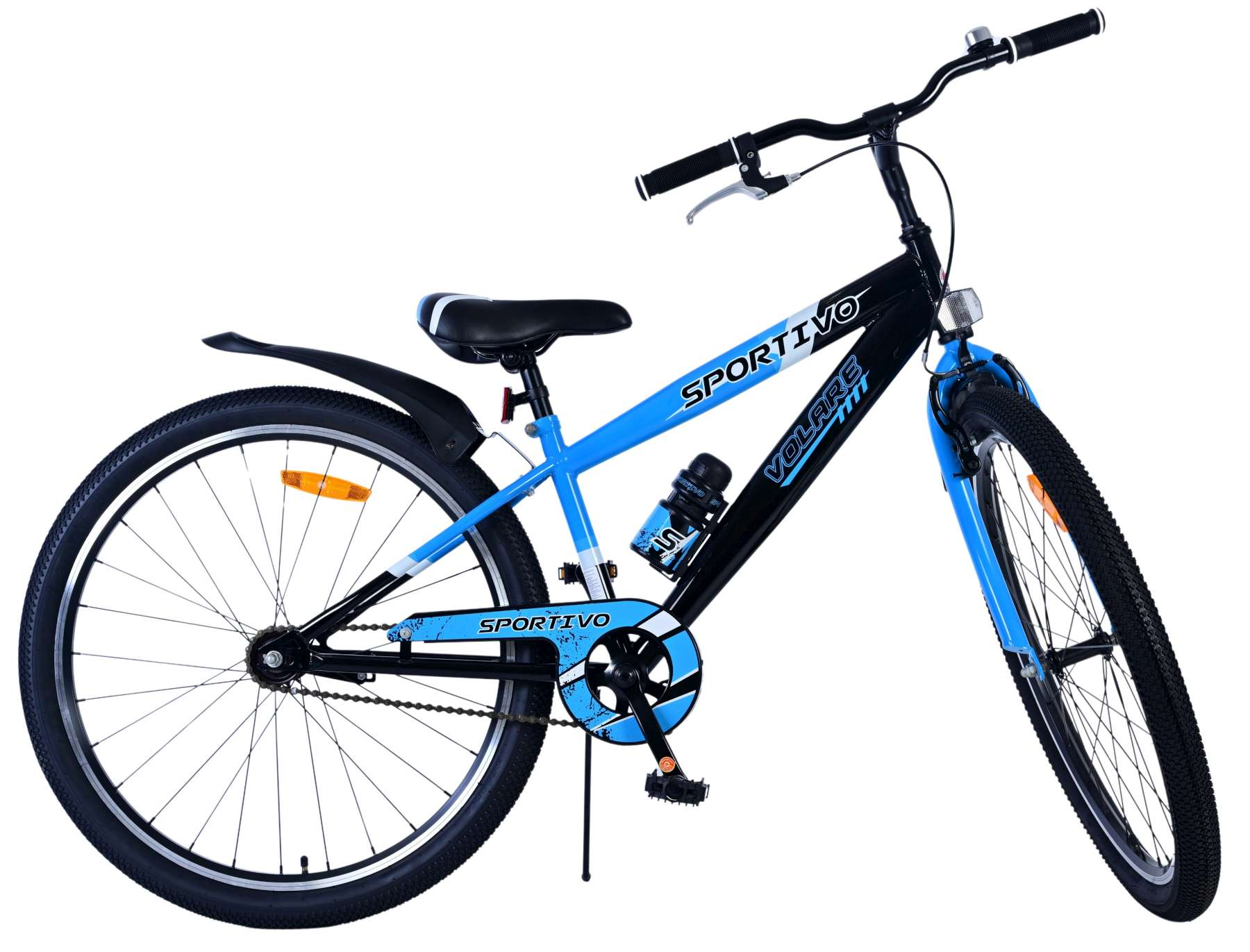 Blaues und schwarzes Fahrrad mit schwarzen Reifen, einem schwarzen Sattel und dem Wort "Sportivo" auf dem Rahmen.