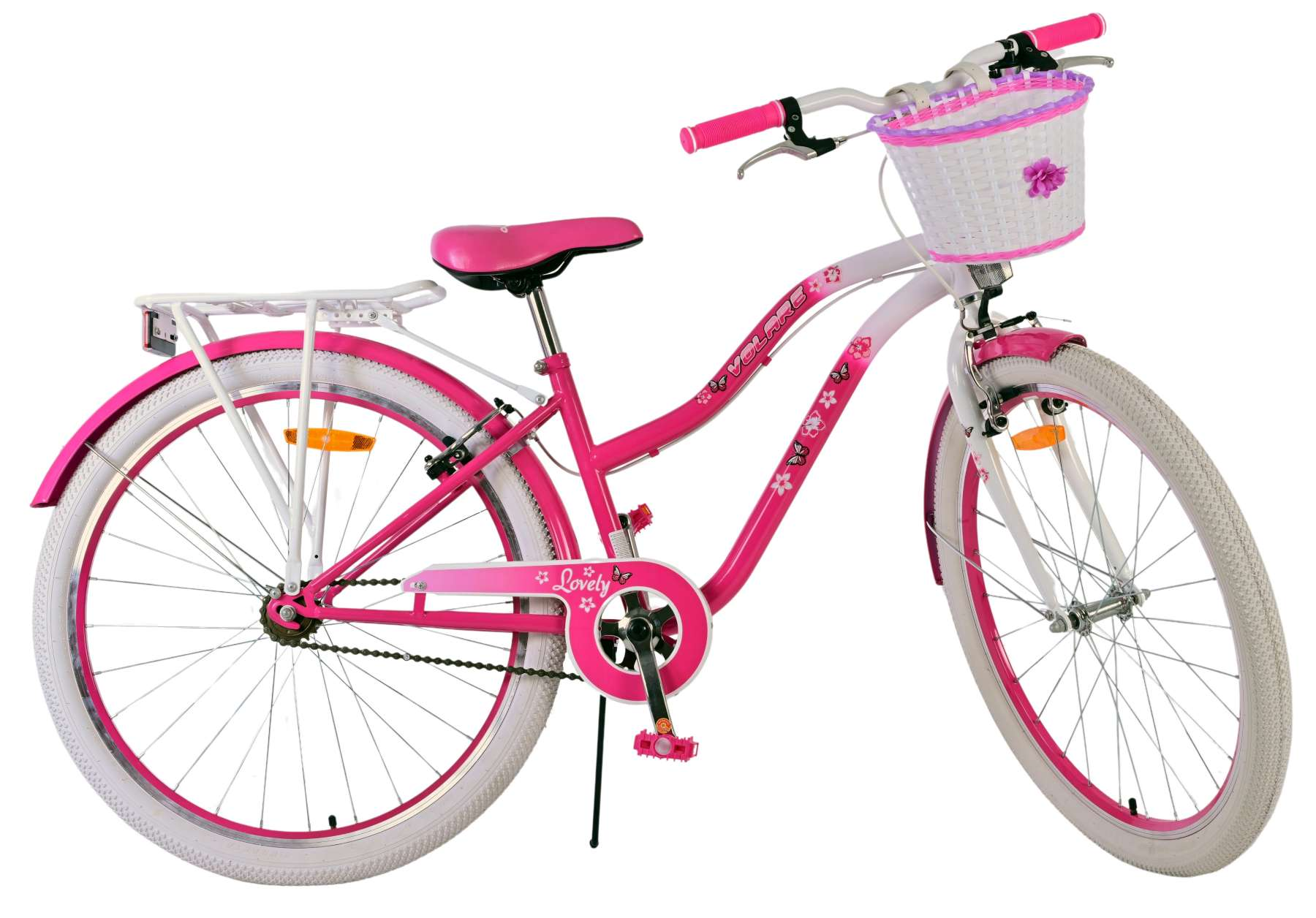 Rosa Fahrrad mit weißen Reifen, Korb und rosa-weißem Farbschema.