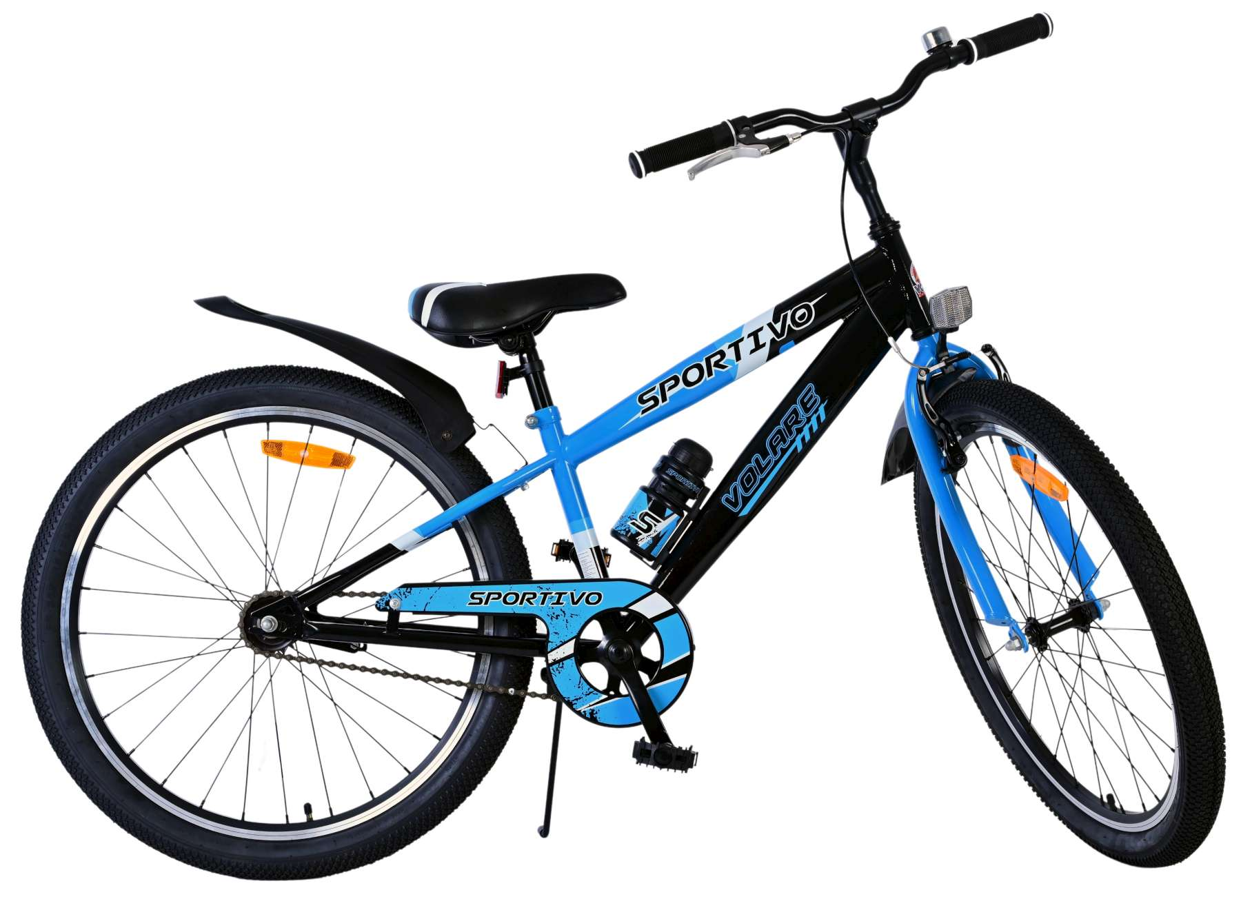 Blaues und schwarzes Fahrrad. Hat 'Sportivo' am Rahmen, Flaschenhalter und ein Schutzblech.