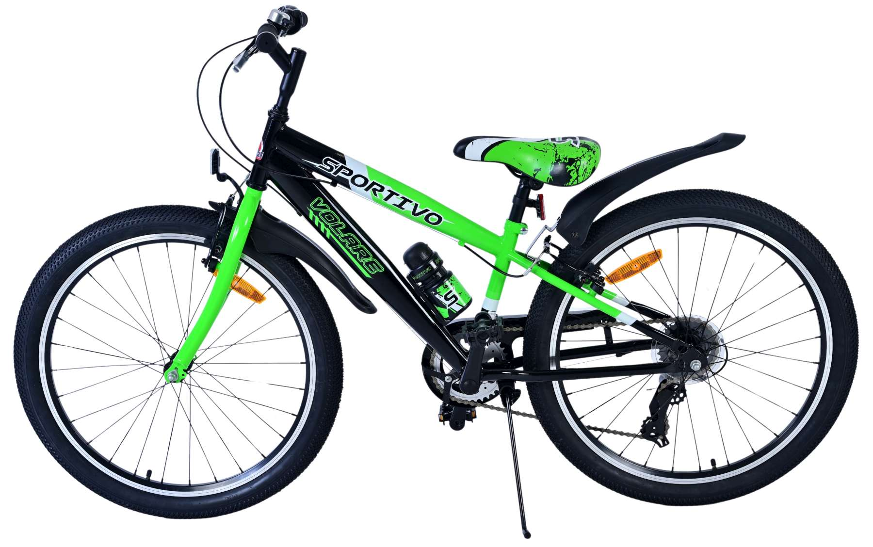 Ein grünes und schwarzes Fahrrad. Es hat schwarze Reifen und einen Flaschenhalter.