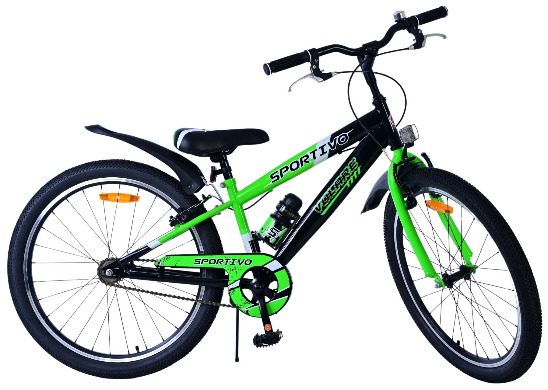 Ein grün-schwarzes Sportivo-Fahrrad mit schwarzen Reifen, auf weißem Hintergrund.