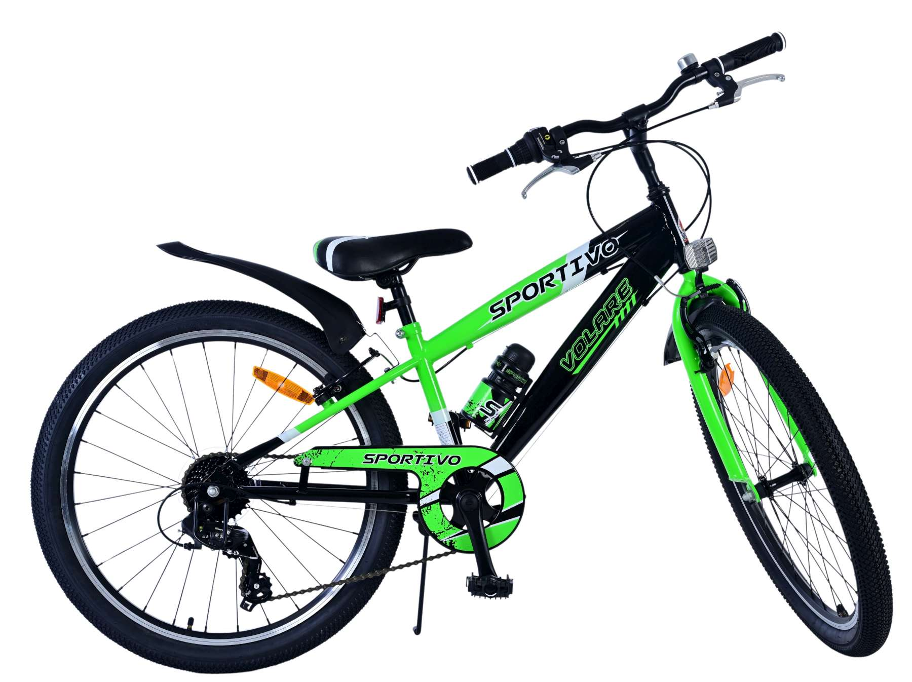 Grünes und schwarzes Sportivo-Fahrrad auf weißem Grund. Es hat einen Flaschenhalter und weiße Details.