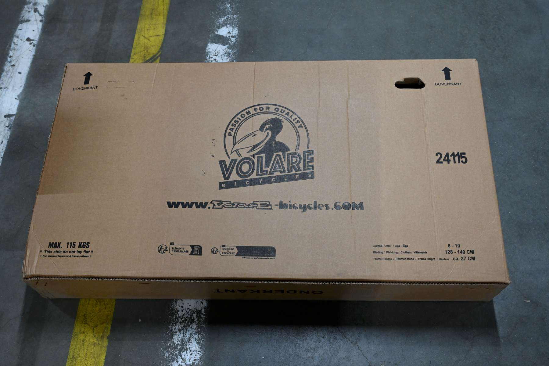 Ein Pappkarton mit Text und Pfeilen. Text: Volare Bicycles. Max. 115 kg. Obere und untere Pfeile.