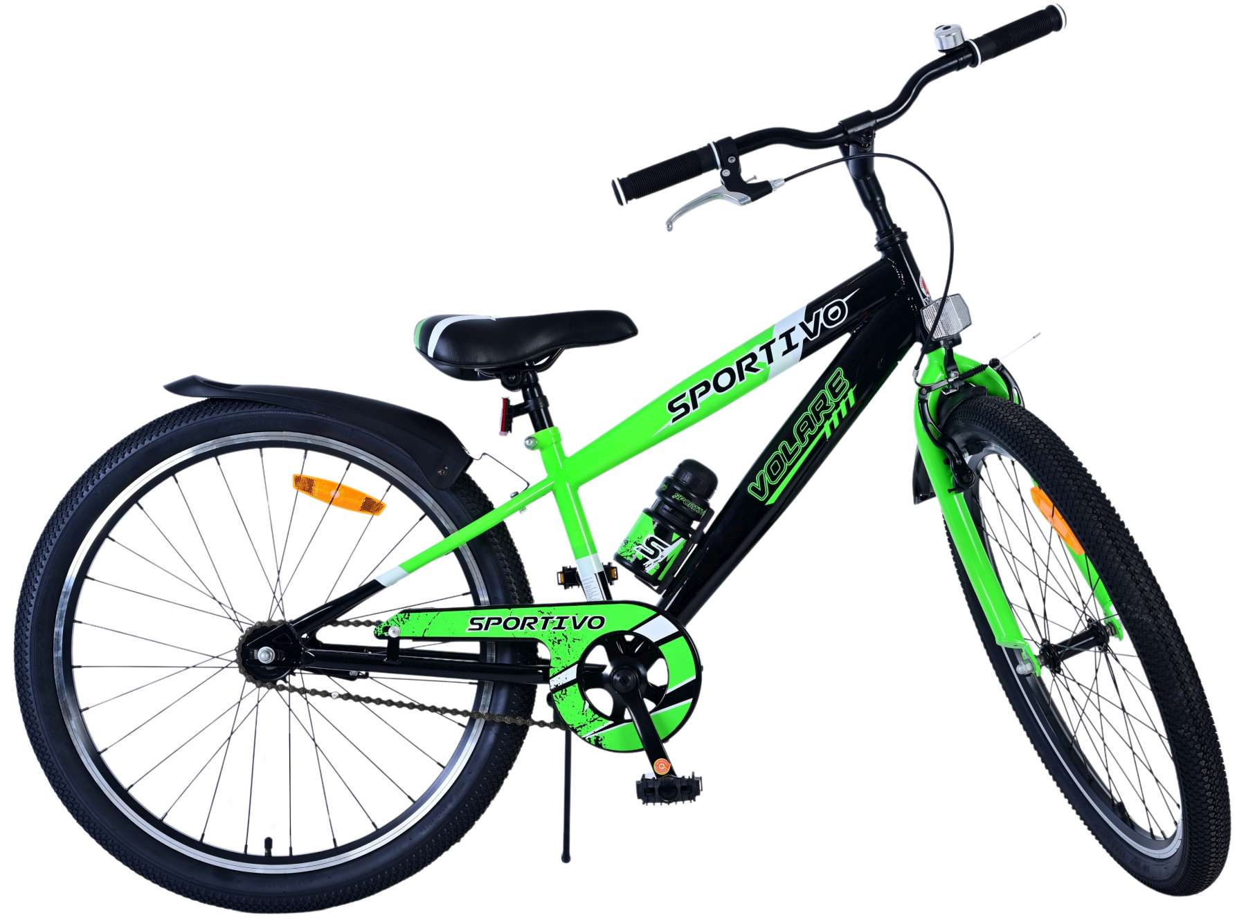 Ein grünes und schwarzes Sportivo Volare Fahrrad, isoliert auf weißem Hintergrund.