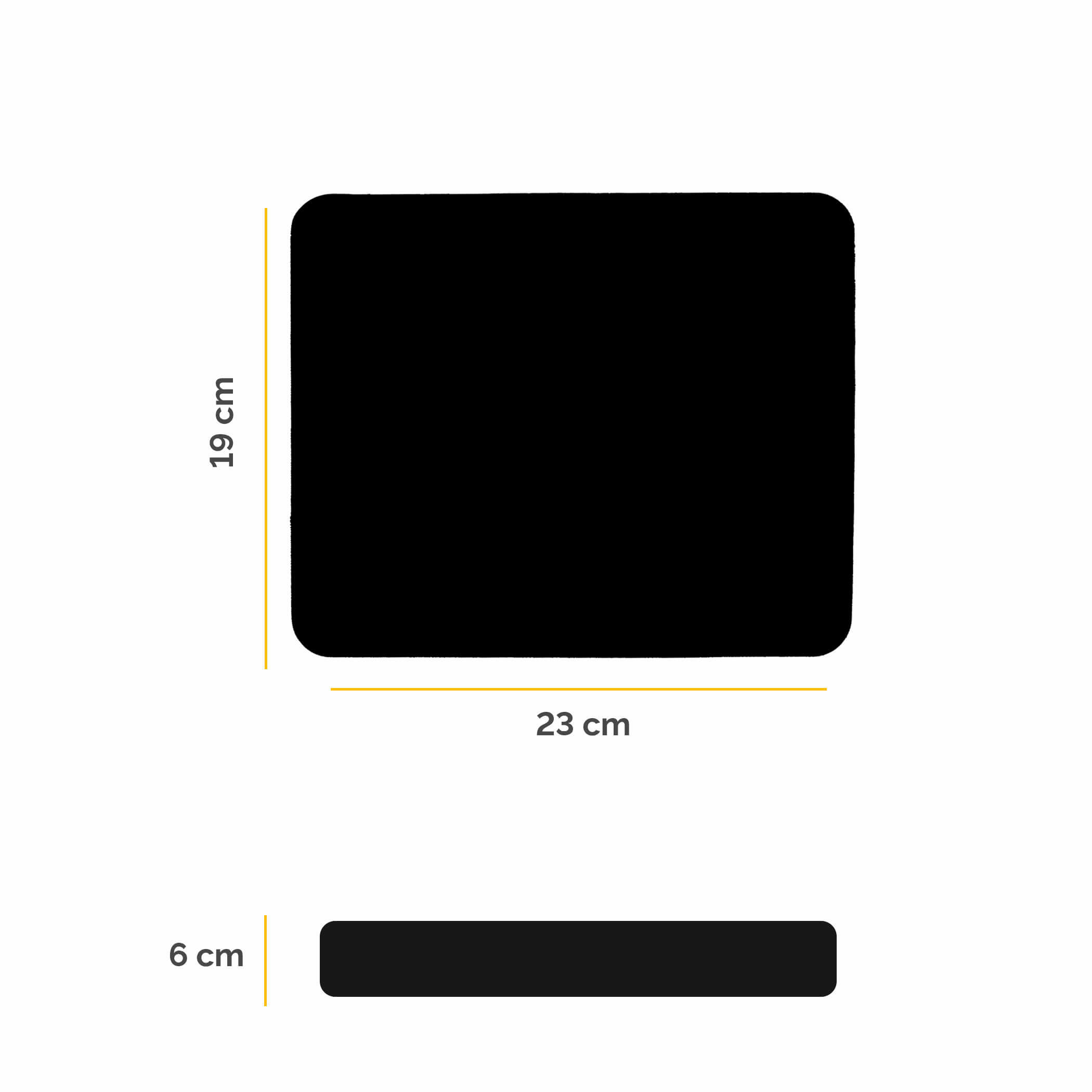 Alfombrilla de ratón negra con dimensiones: 23 cm x 19 cm, y un grosor de 6 cm. Es rectangular.