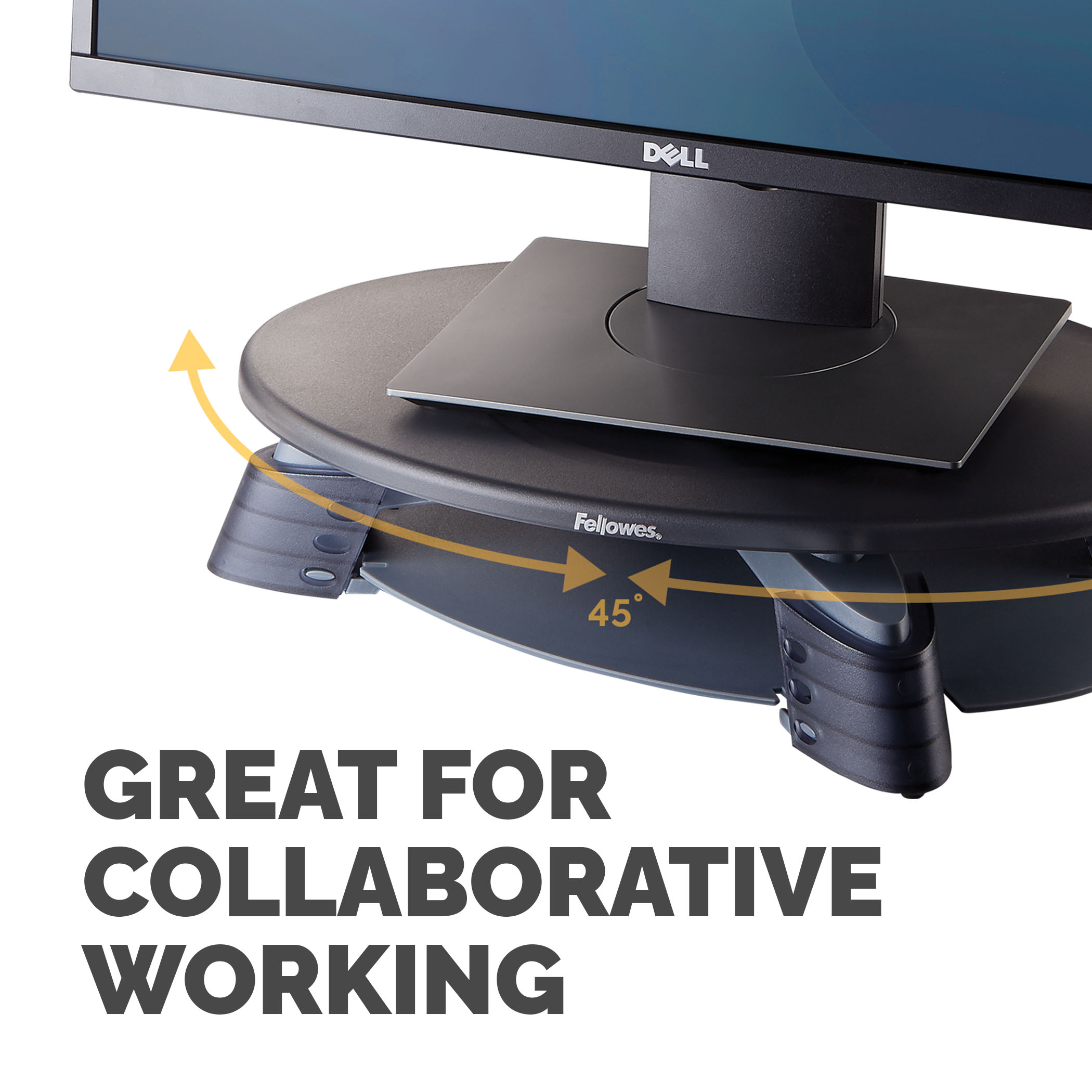 Un soporte de monitor con un monitor encima, con flechas y texto sobre trabajo colaborativo.