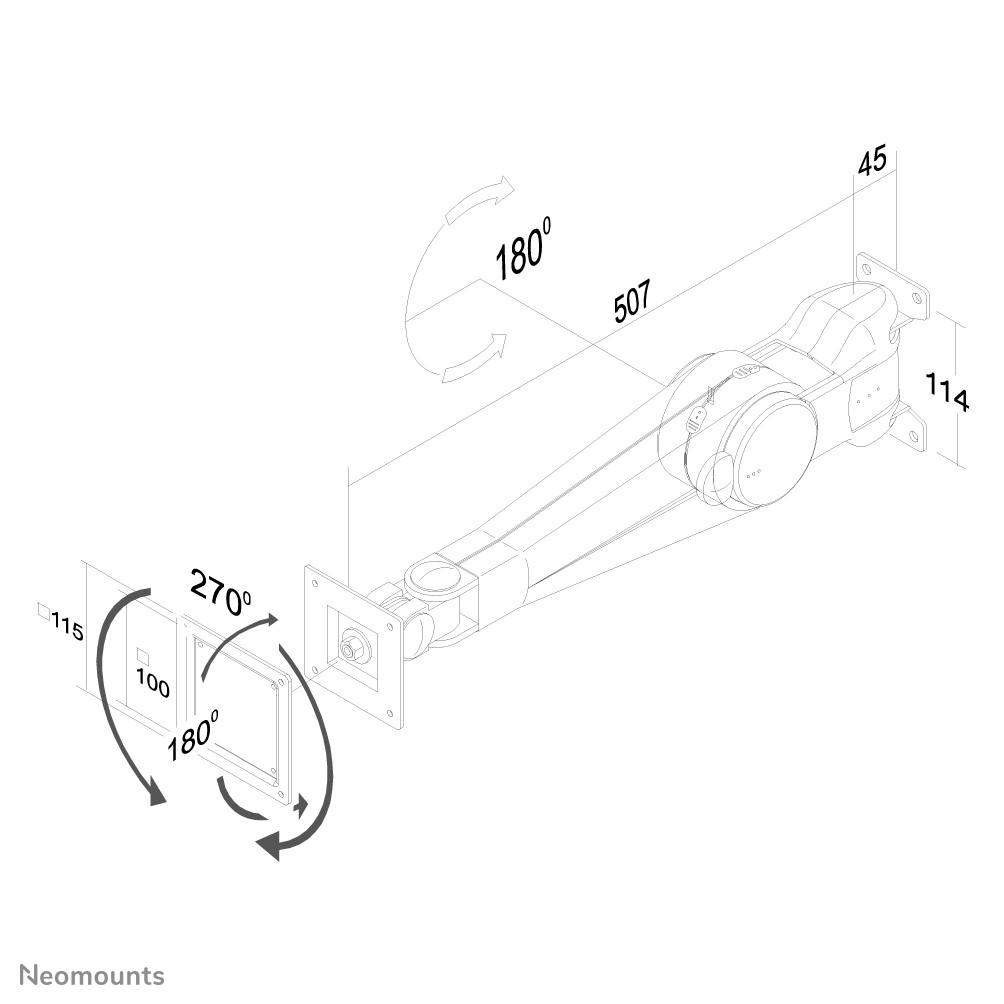 Diagramm eines mechanischen Arms mit Maßen und Pfeilen. Text: Neomounts.