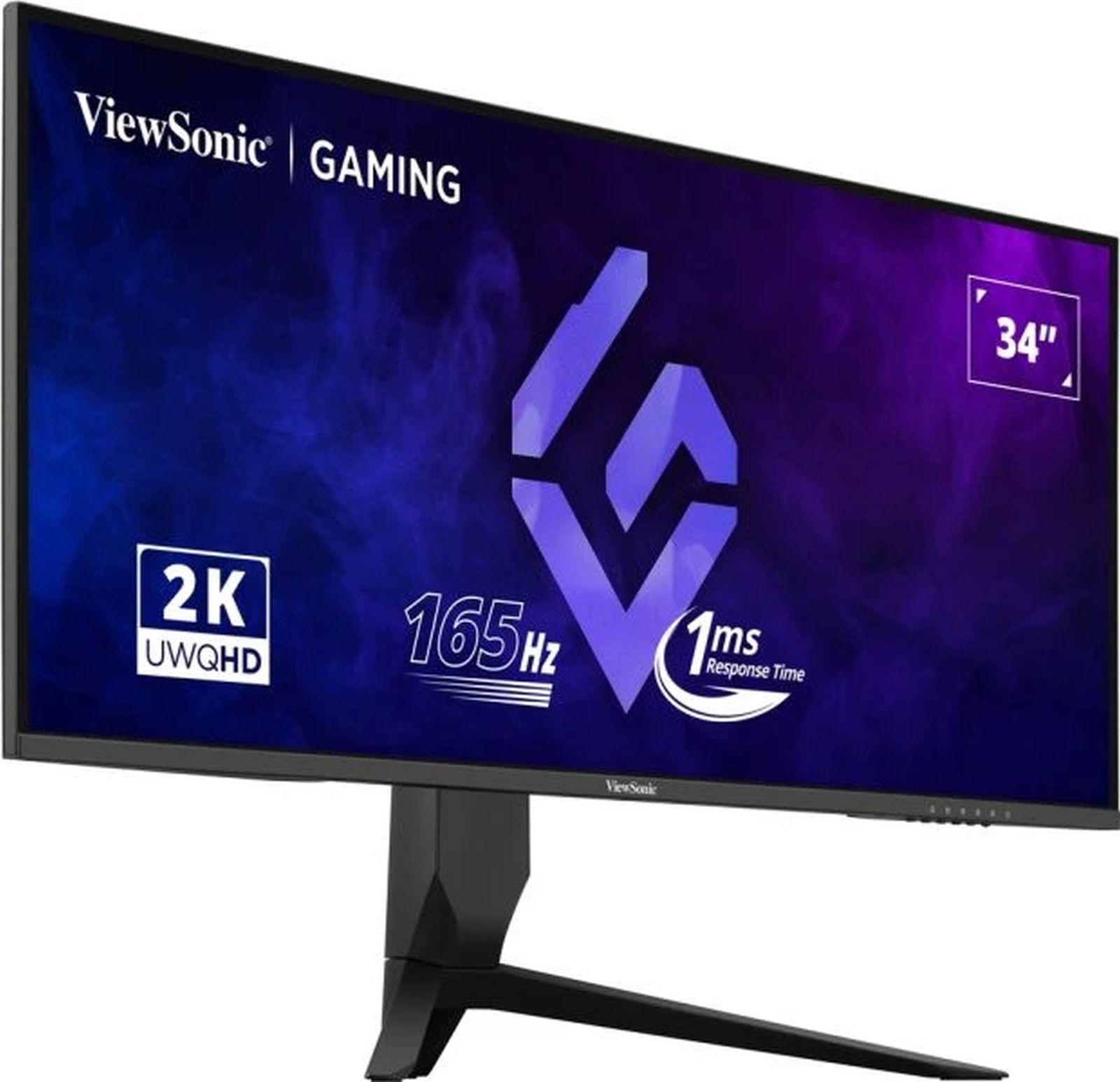 ViewSonic Gaming-Monitor mit Text, Logo und Ständer vor dunklem Hintergrund.
