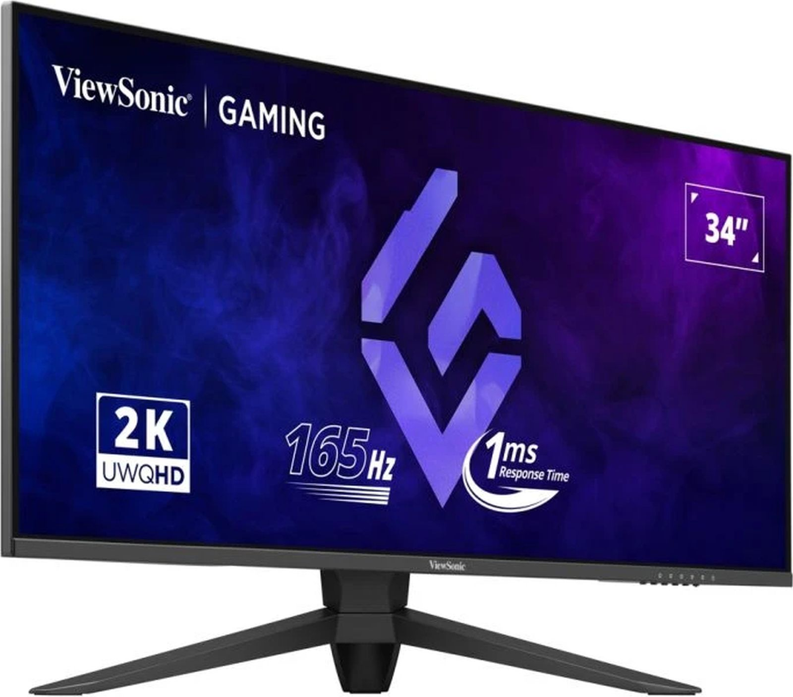 ViewSonic Gaming Monitor mit 2K UWQHD, 165Hz, 1ms, auf schwarzem Ständer.