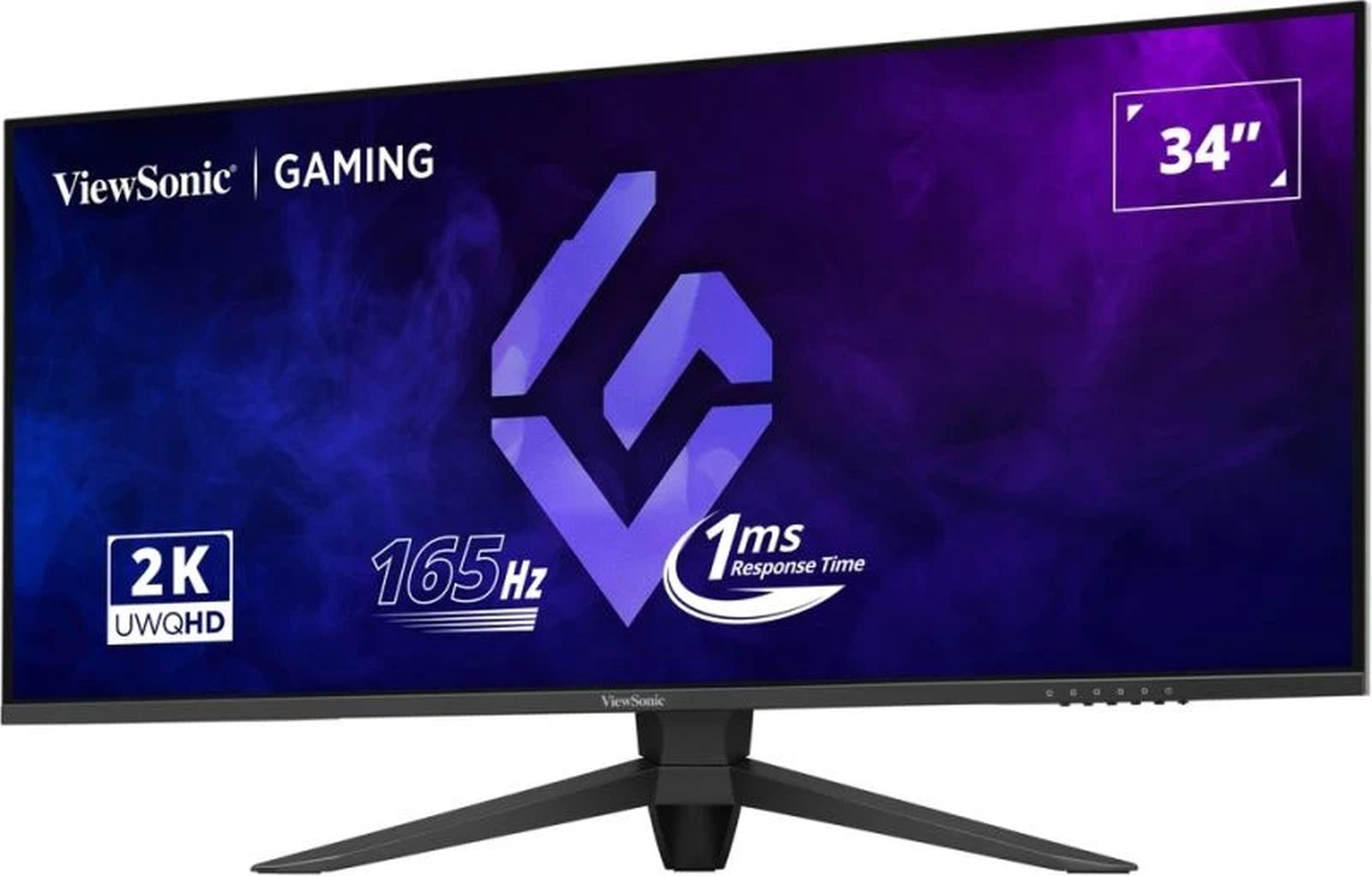 Ein schwarzer ViewSonic Gaming-Monitor mit 2K, 165Hz und 1ms Reaktionszeit auf weißem Grund.