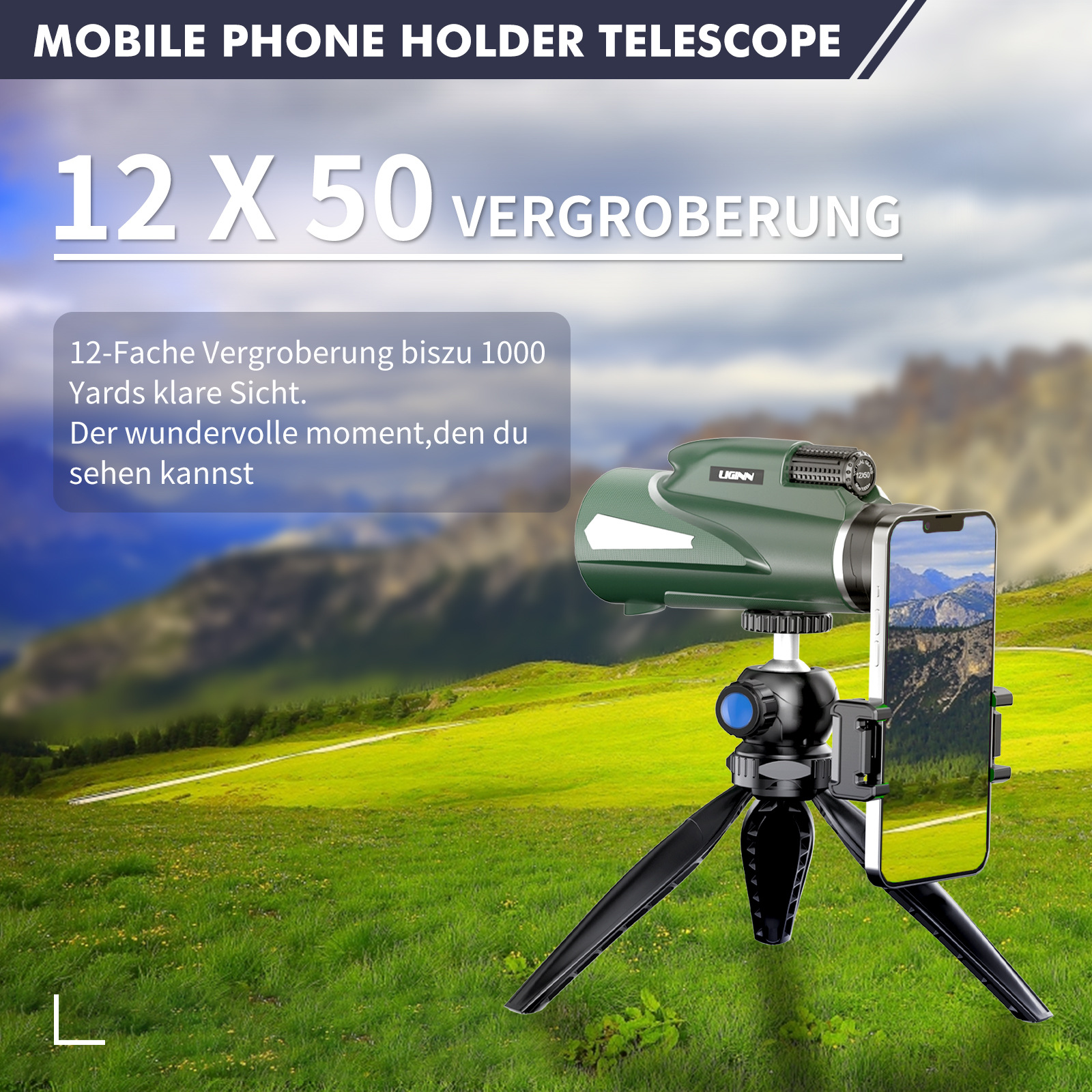 Ein grünes Teleskop mit befestigtem Telefon auf einem Stativ, mit Text über die Vergrößerung.