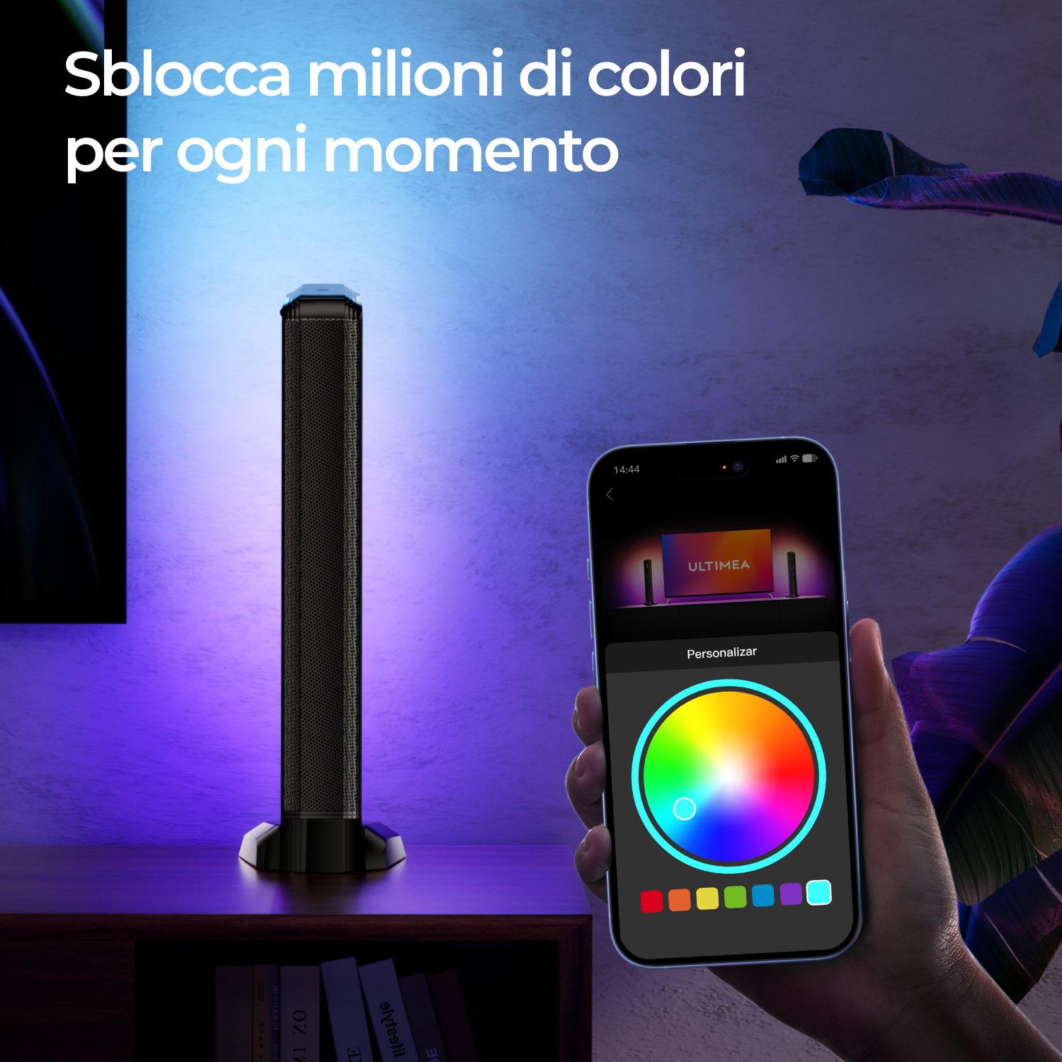 Altoparlante nero con un telefono che mostra una ruota dei colori. Luce viola e blu.