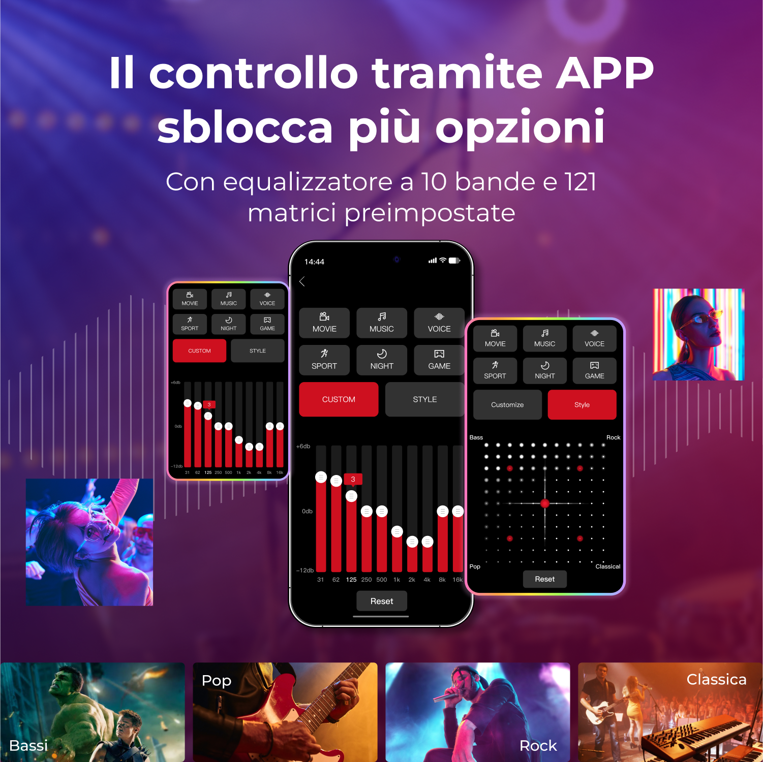 Smartphone che mostra l'interfaccia dell'app con impostazioni audio, generi musicali diversi.