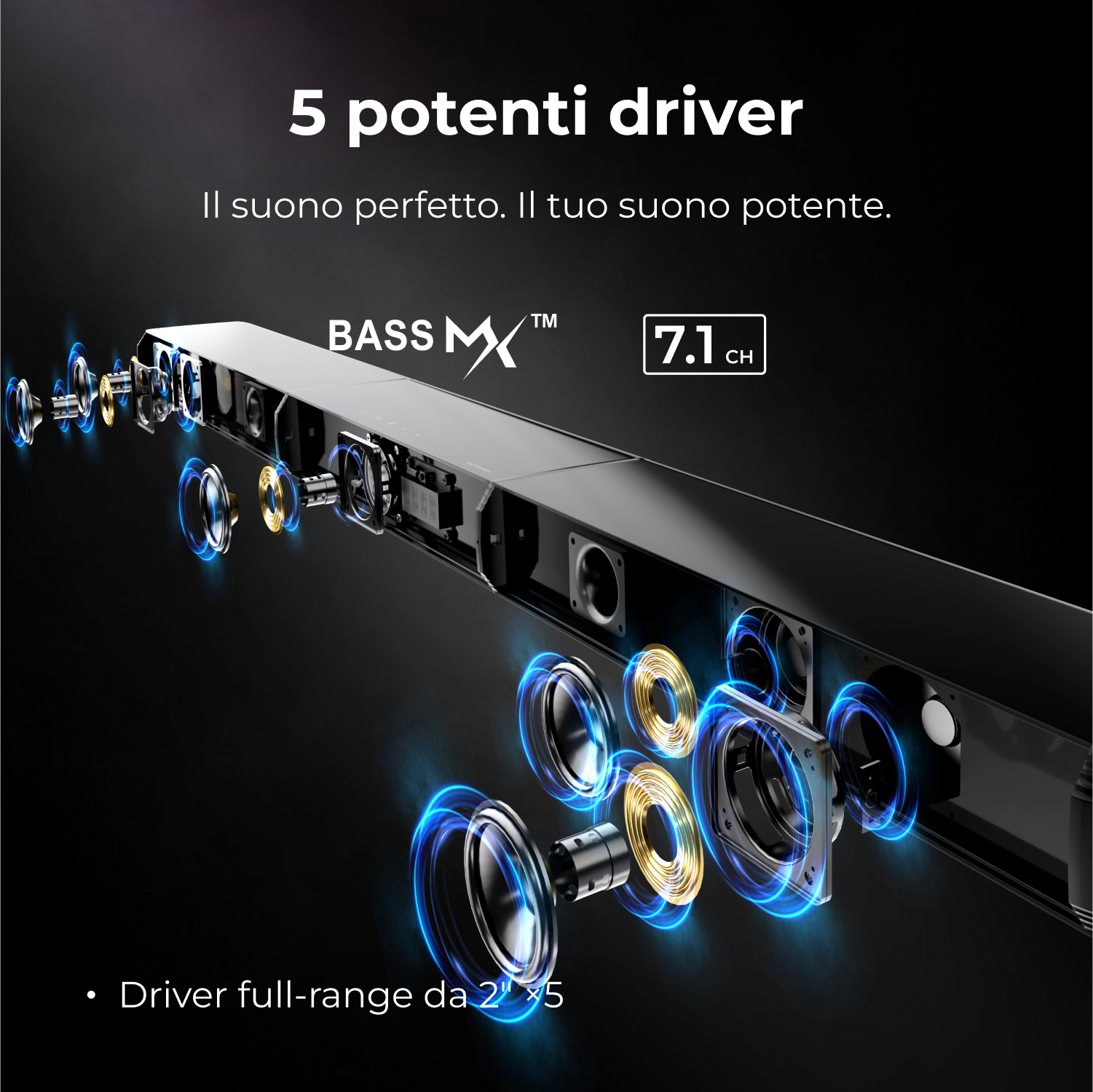 Soundbar nera con driver e contorni blu luminosi, testo sovrapposto.