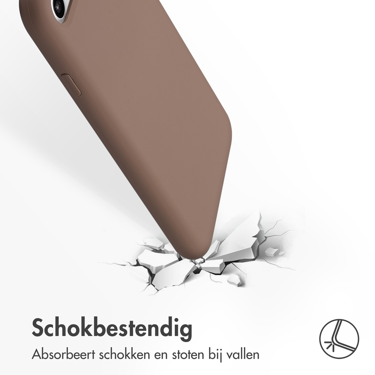 Bruine telefoonhoes die grond breekt. Toont impact en bescherming.