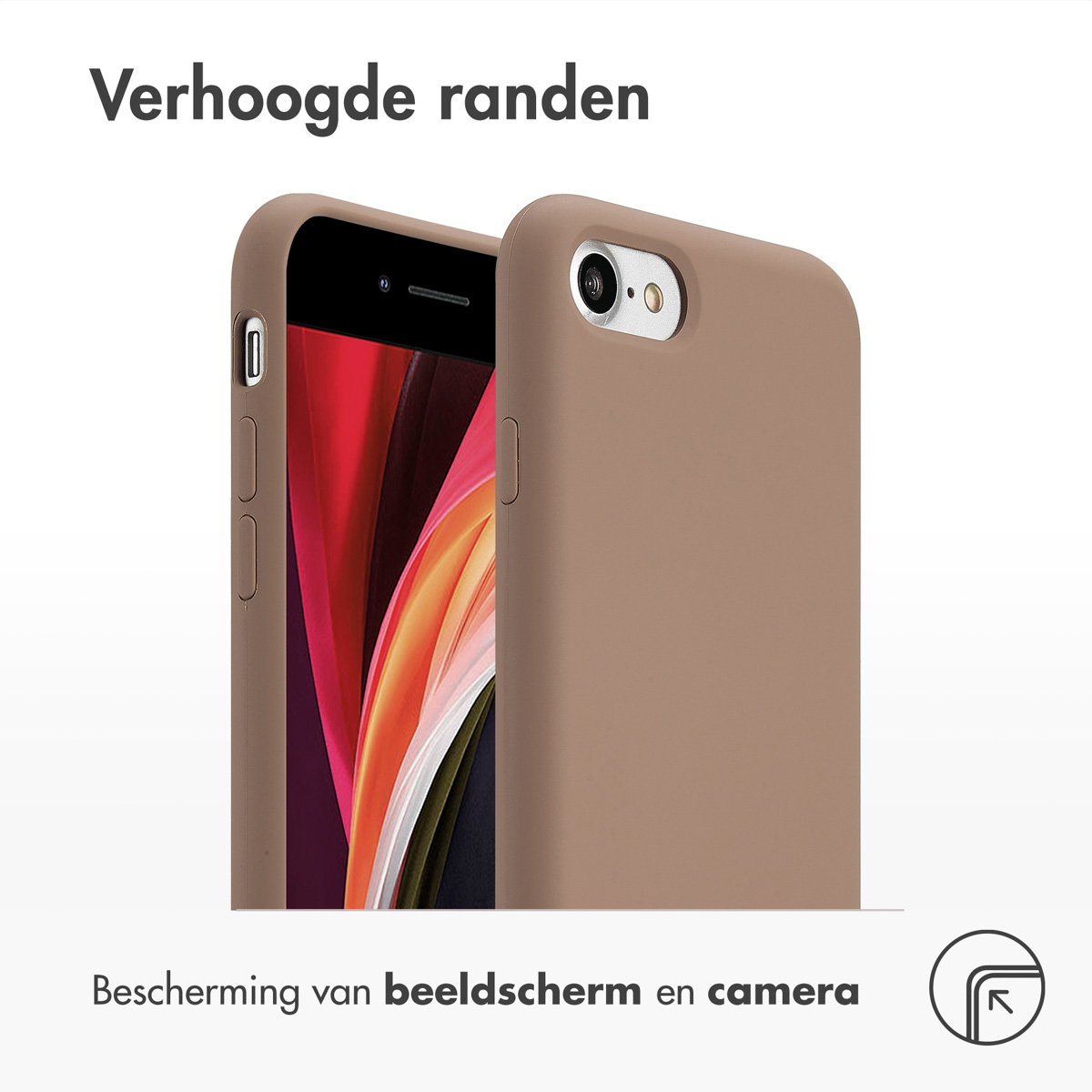 Telefoonhoesje met telefoon erin en bruine achterkant.