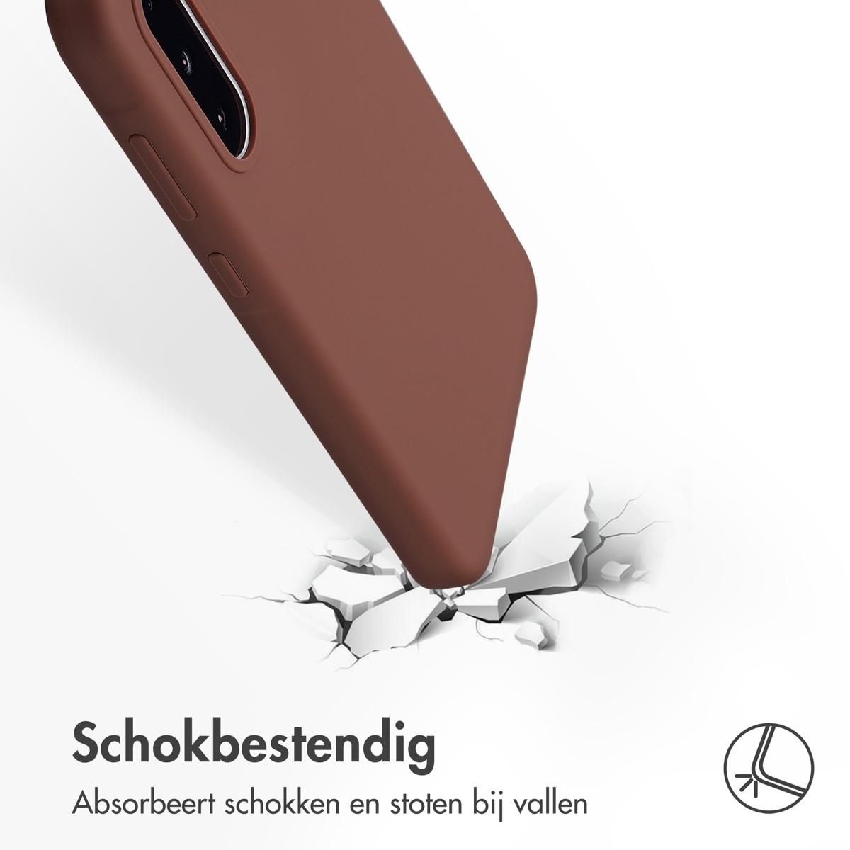 Coque de téléphone couleur chocolat tombant sur une surface, qui se fissure lors de l'impact. Texte : Antichoc.