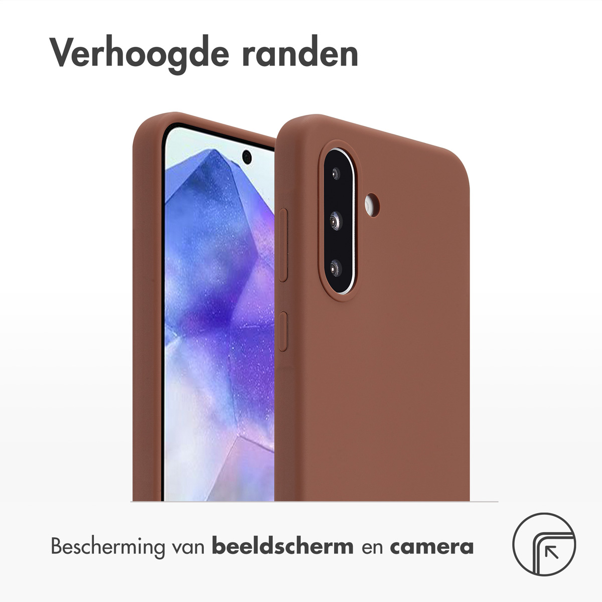 Un téléphone dans un étui marron avec des bords surélevés, montrant la caméra et les boutons.