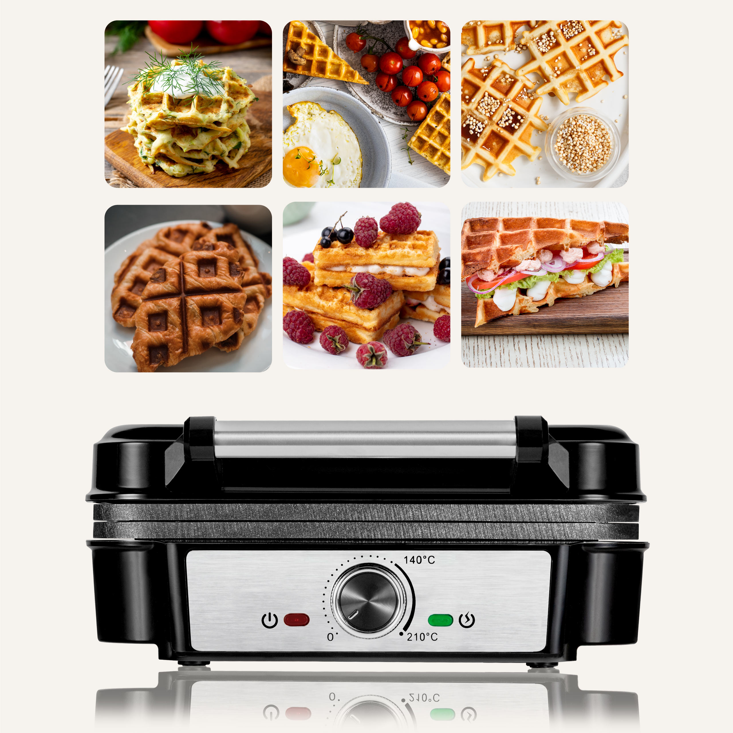 Gofrownica z wieloma zdjęciami gofrów, w tym z owocami, jajkami i dodatkami, na białym tle.