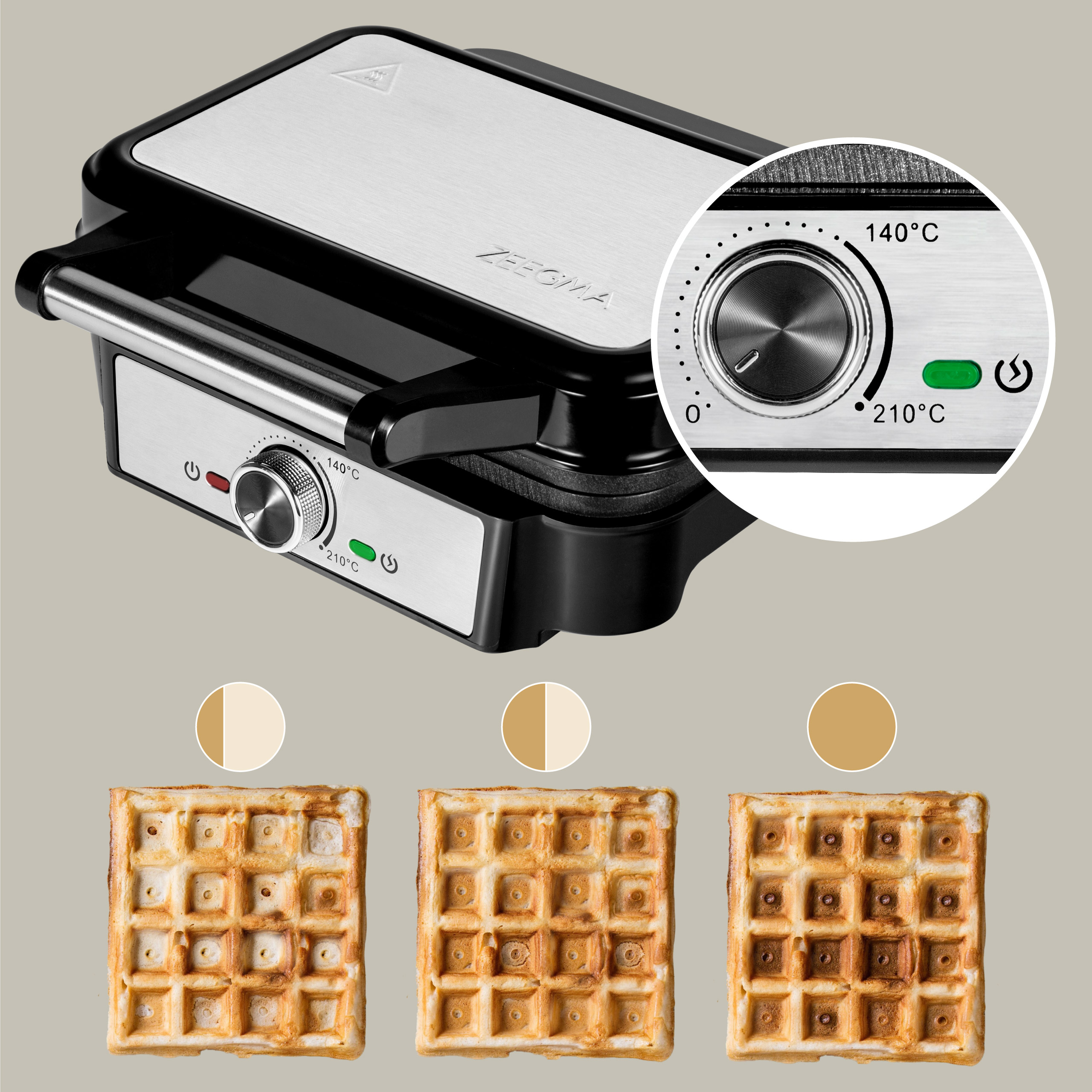 Gofrownica pokazująca etapy brązowienia gofrów z panelem sterowania pokazującym temperatury 140C i 210C.