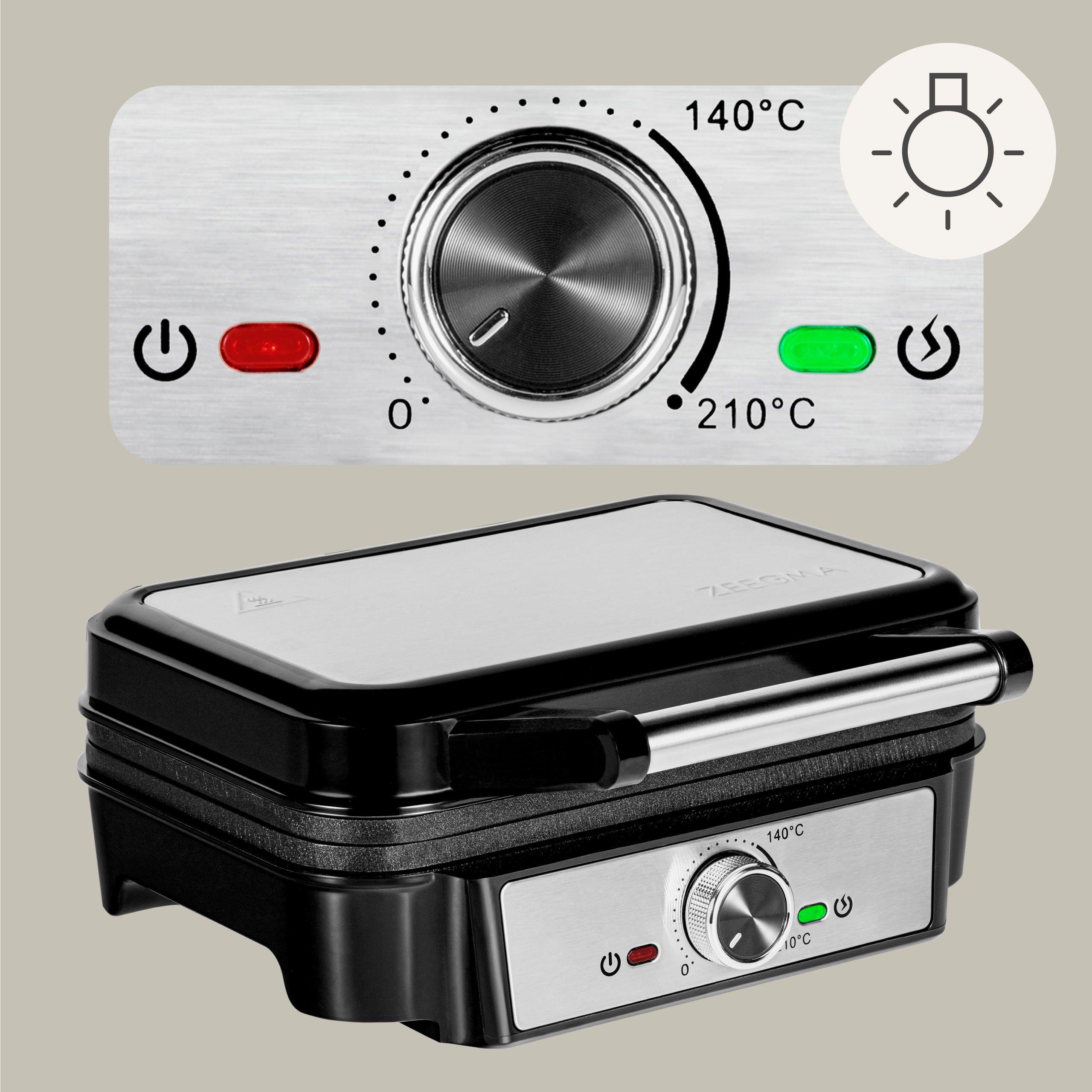 Gofrownica z panelem sterowania, który pokazuje ustawienia temperatury. Urządzenie jest czarne i srebrne.