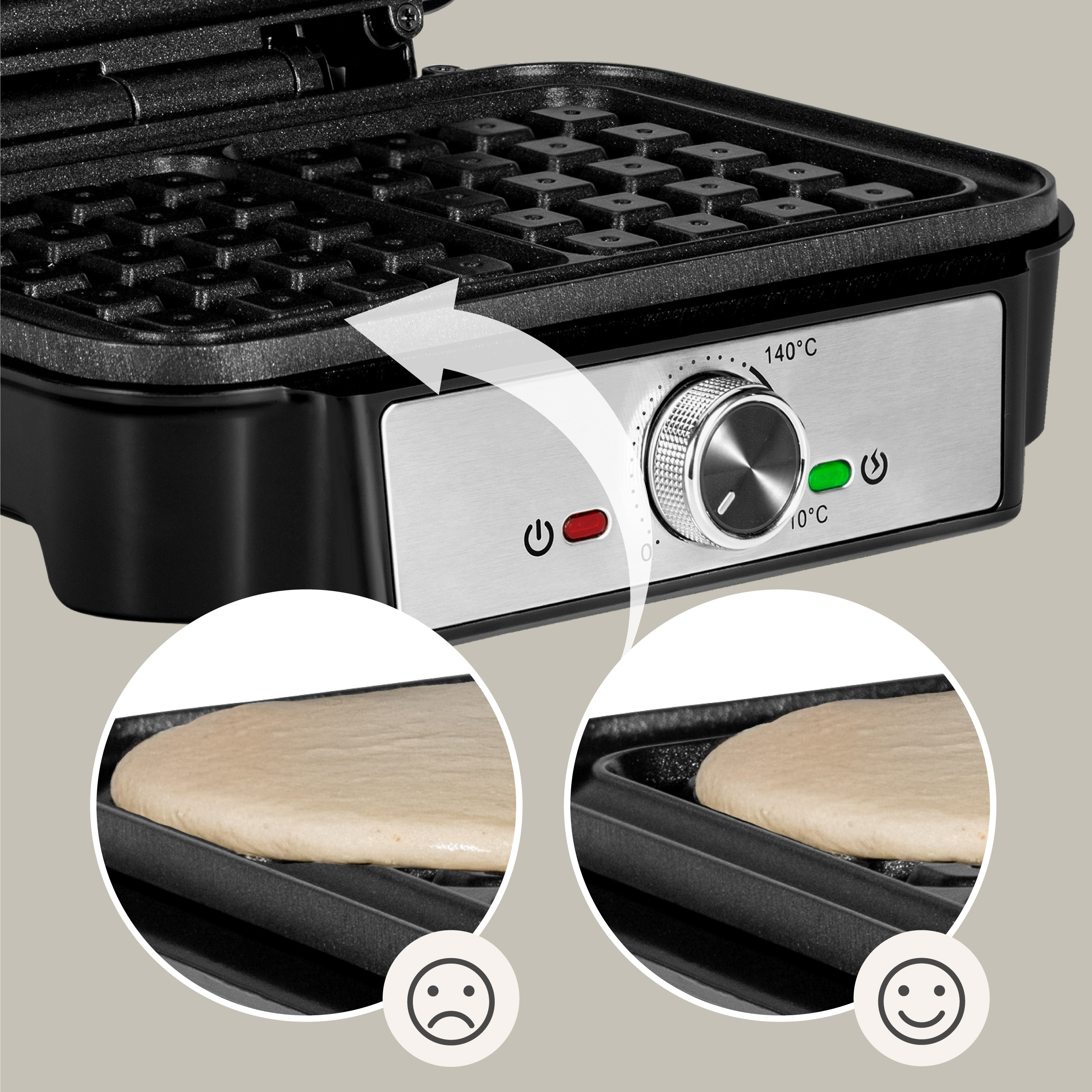 Gofr z ciastem w środku. Pokrętło pokazuje temperaturę. Buzie.