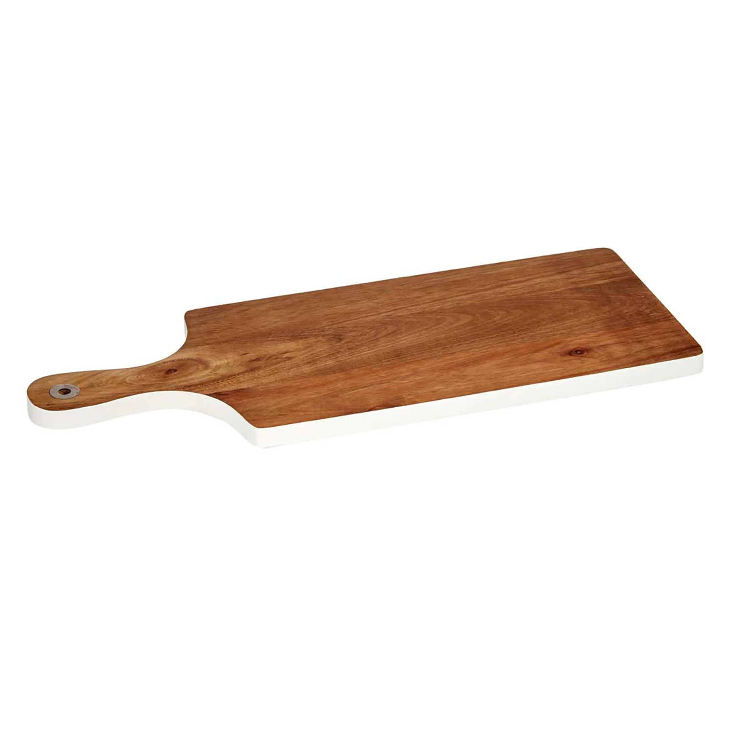 Holzservierbrett mit weißem Rand, mit Loch im Griff.
