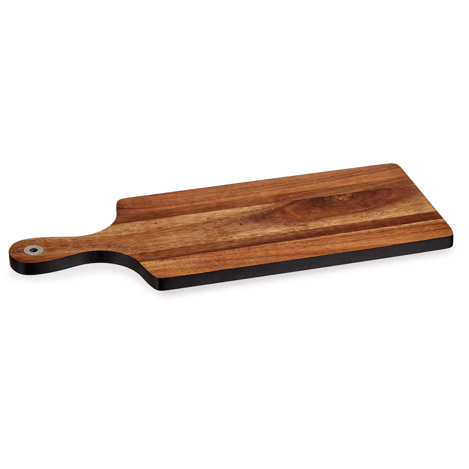Tagliere in legno con manico, bordo scuro, su una superficie bianca.