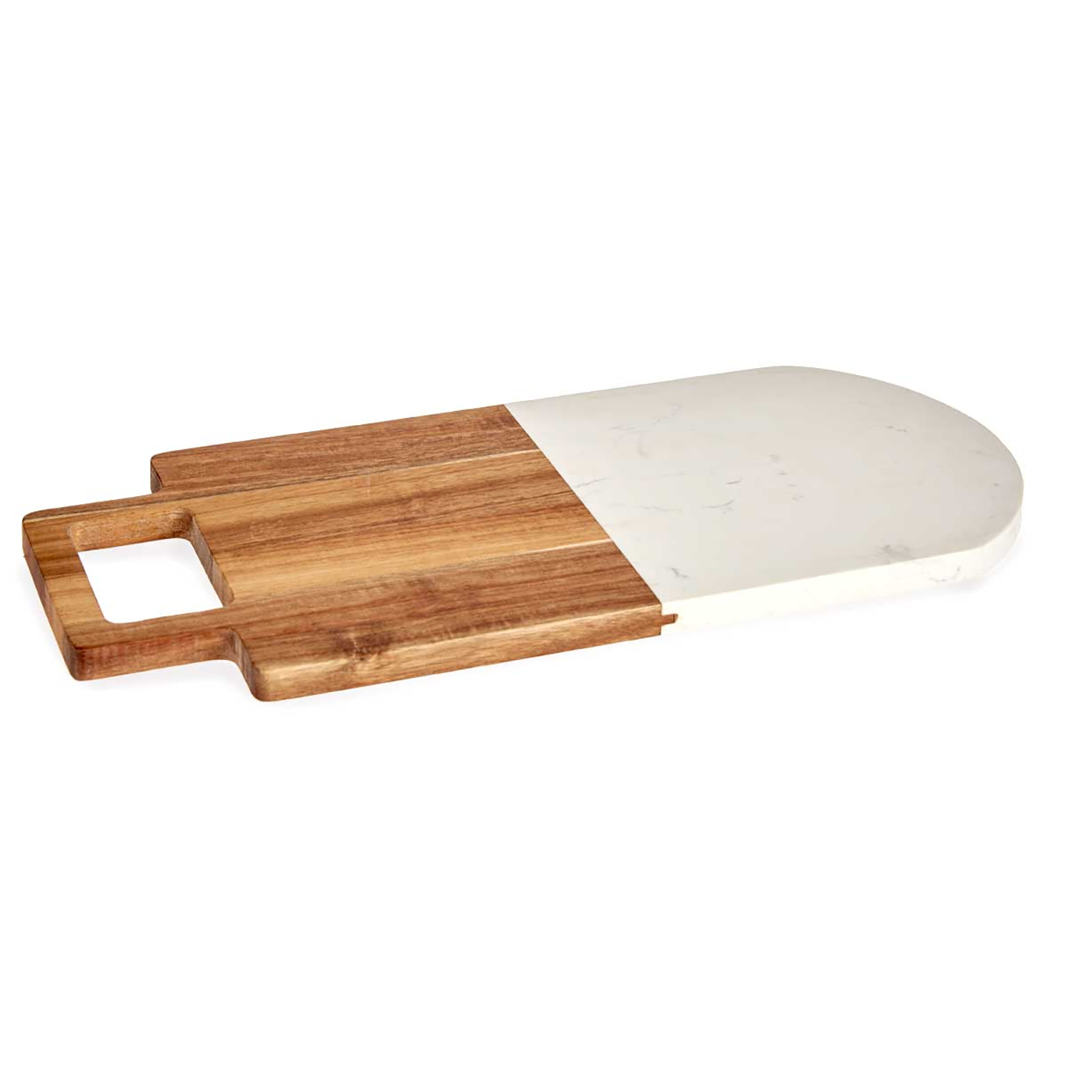 Tagliere in legno con una sezione bianca simile al marmo. Manico sul lato sinistro.