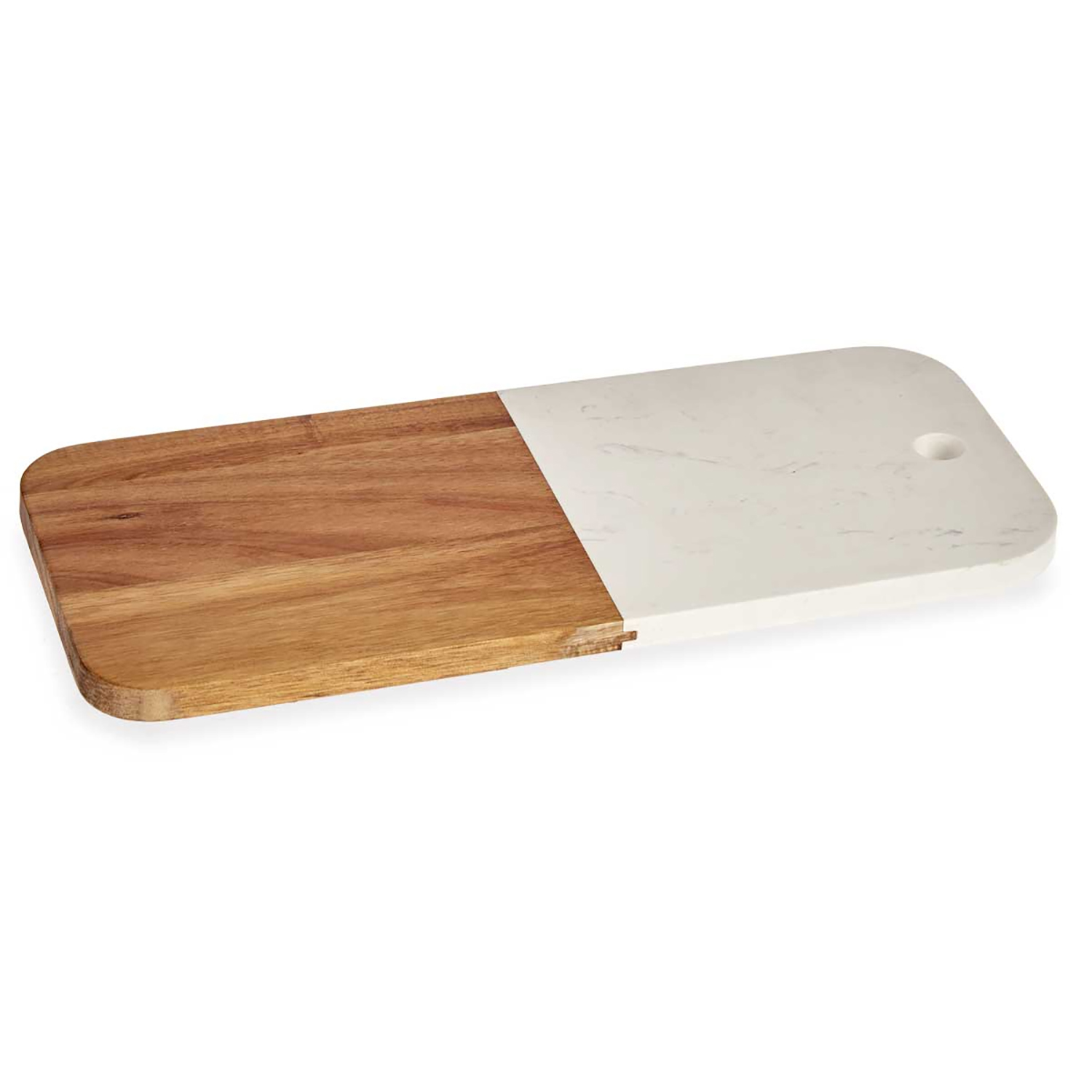 Holz-Schneidebrett mit Marmor-Abschnitt. Das Holz ist hellbraun, der Marmor weiß.
