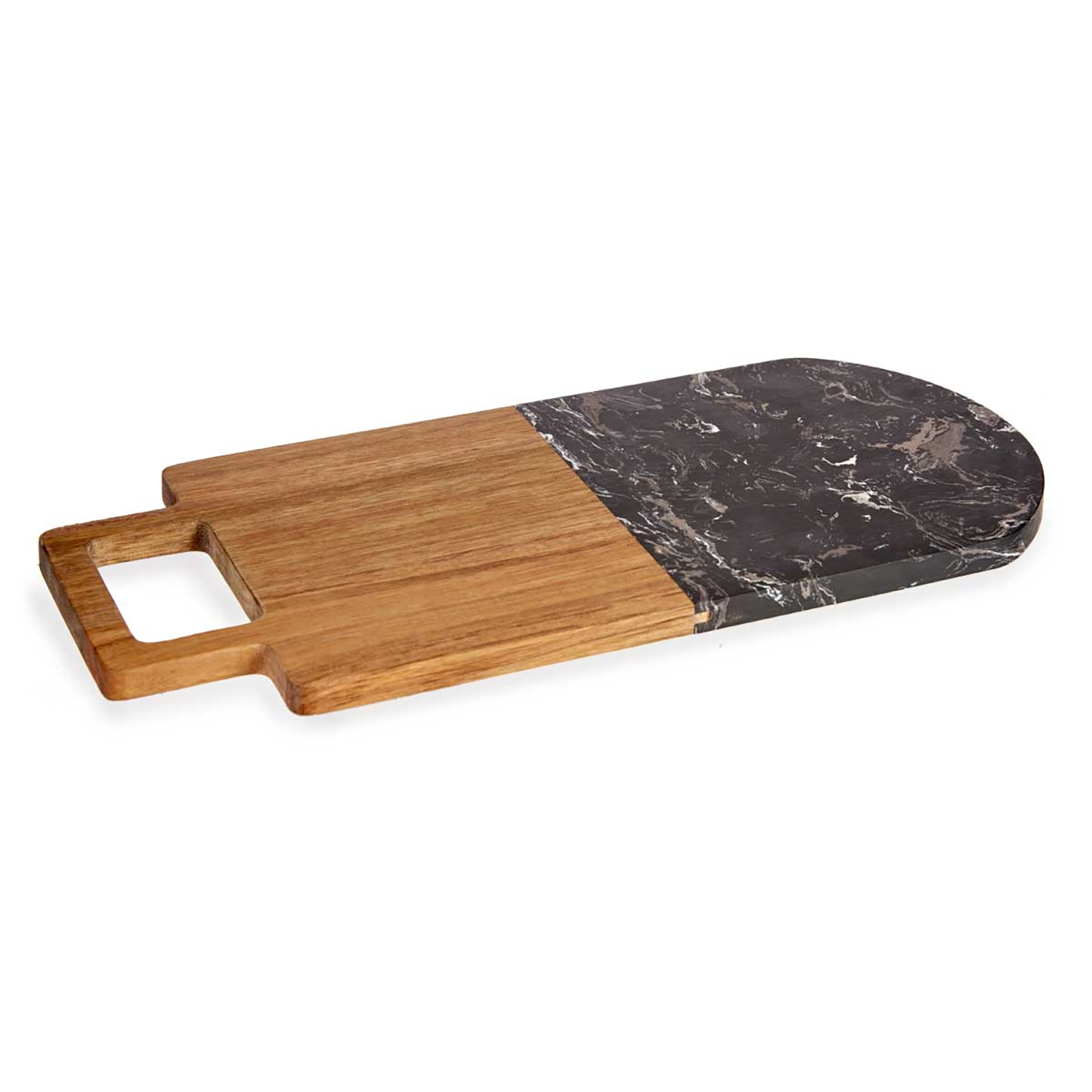 Vassoio di legno con sezione in marmo, su sfondo bianco.