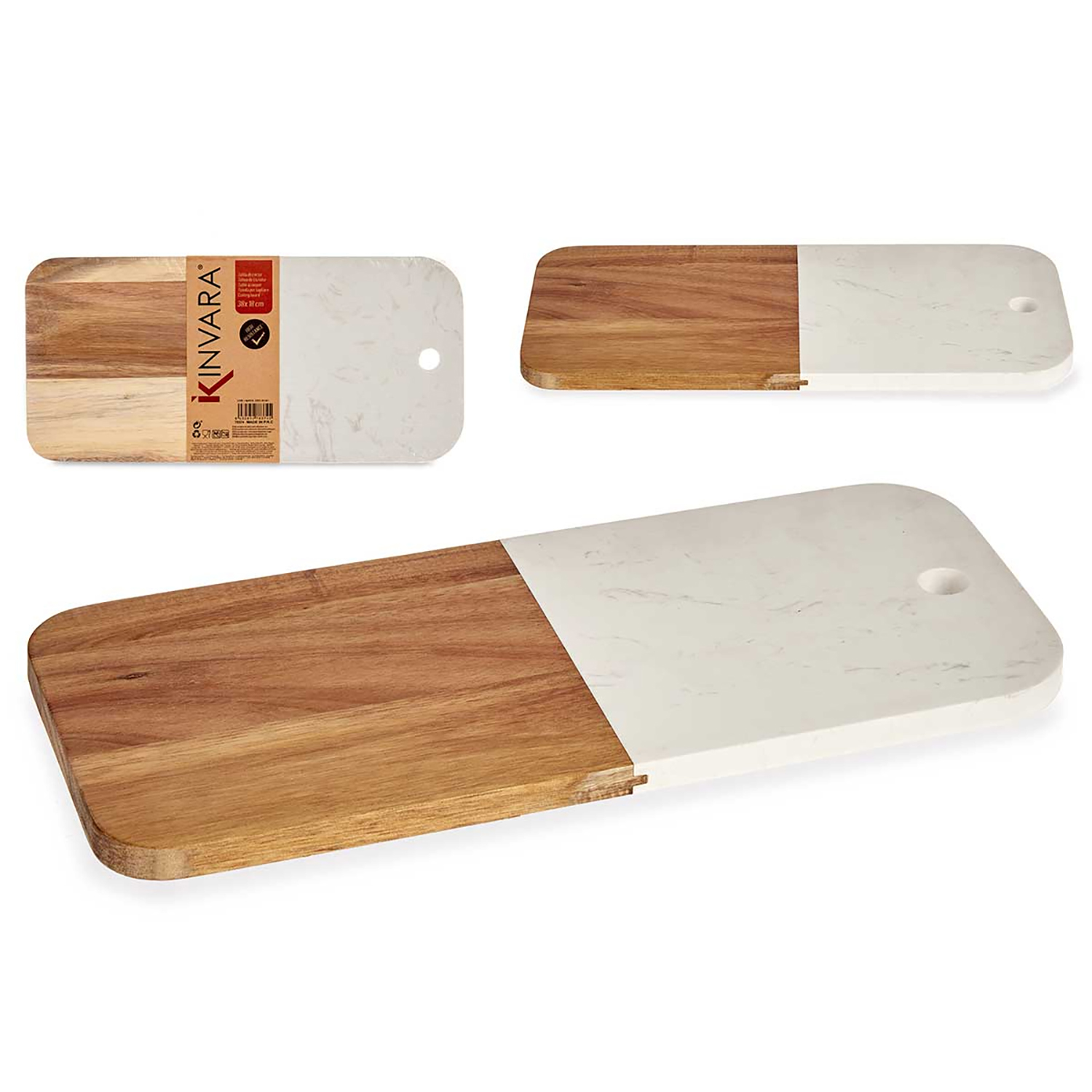 Holz-Schneidebretter mit weiß marmorartigen Akzenten, verschiedene Formen und Markenetikett.