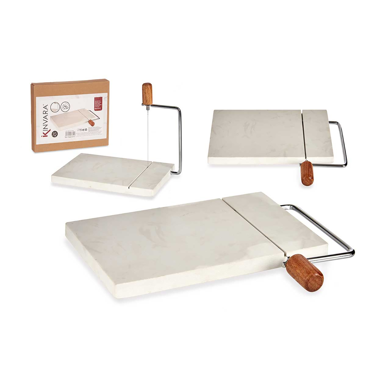 Käseschneider-Set mit Holzgriff. Enthält ein Holzschneidebrett und eine Box. Mehrere Ansichten.