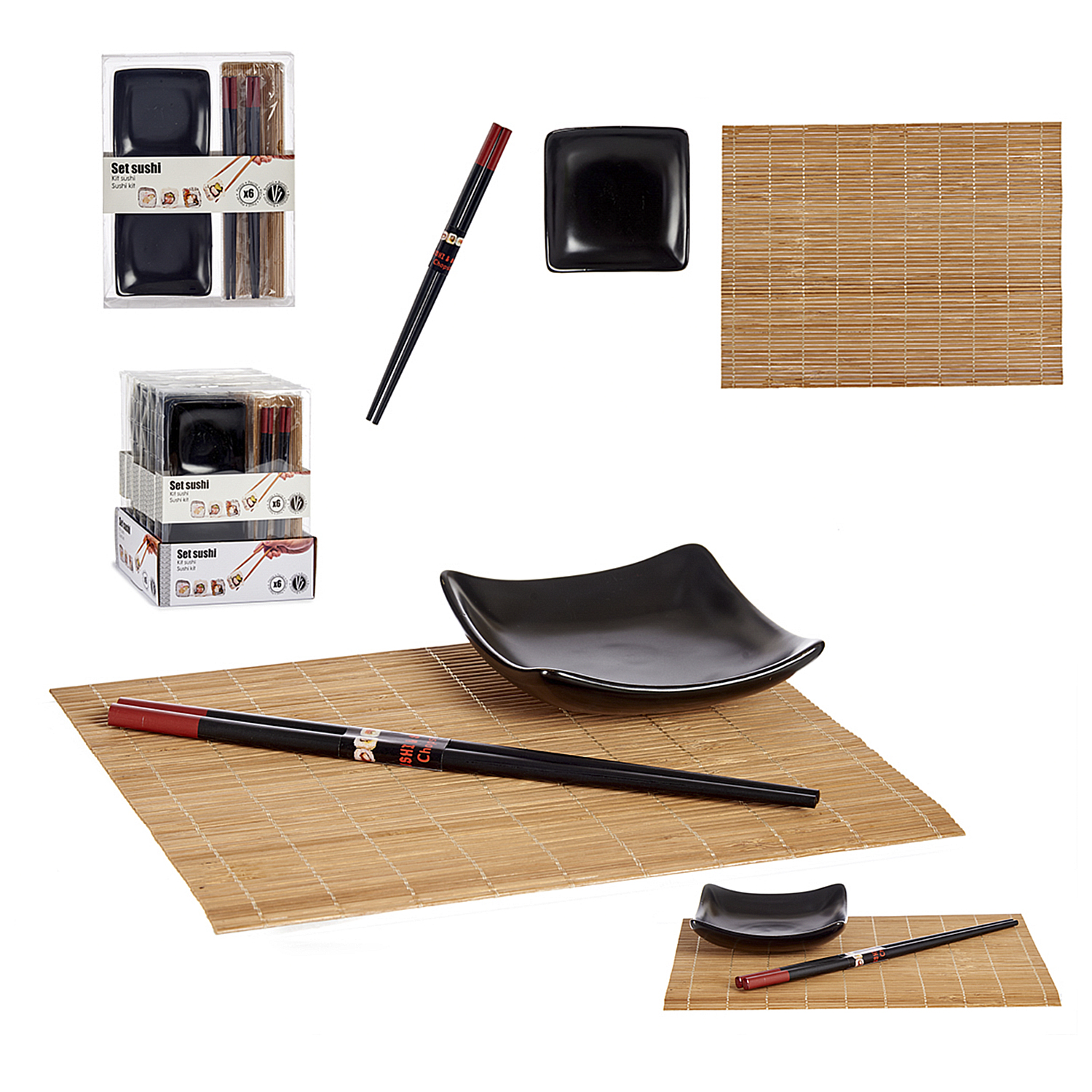 Juego de sushi: esterilla de bambú, platos negros, palillos y una caja sobre blanco.