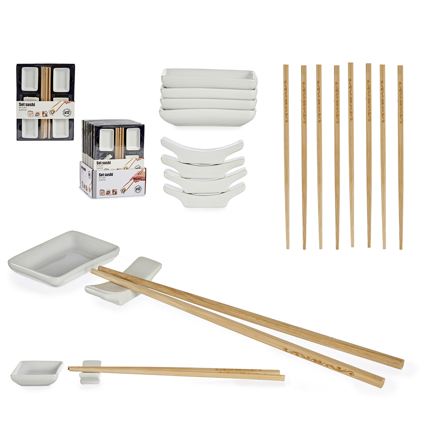 Set per sushi con piatti bianchi, porta bacchette, bacchette e scatole, su una superficie bianca.