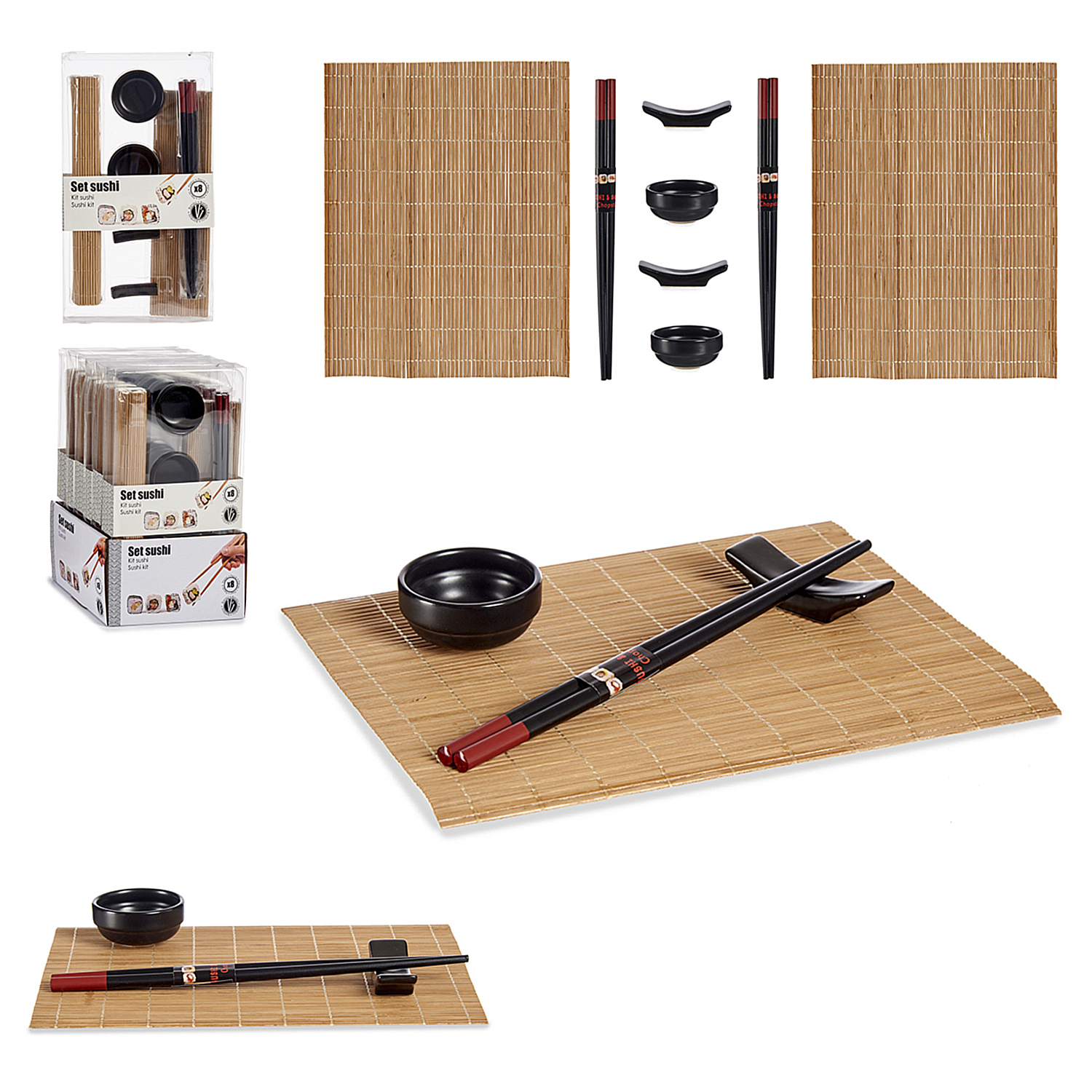 Juego de sushi con esteras de bambú, cuencos, palillos y embalaje. Varios arreglos sobre blanco.