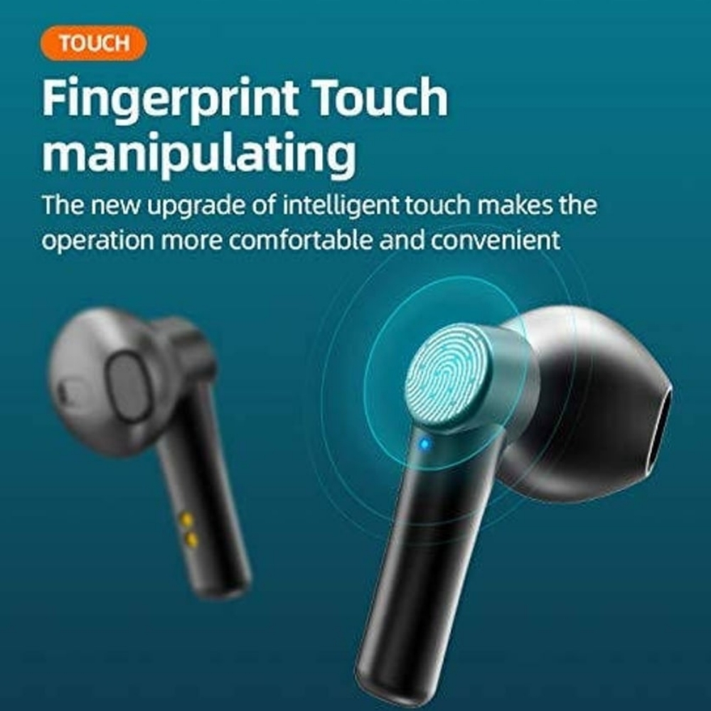 Schwarze kabellose Ohrhörer mit Fingerabdruck-Touch-Steuerung. Der Text lautet 'TOUCH'.