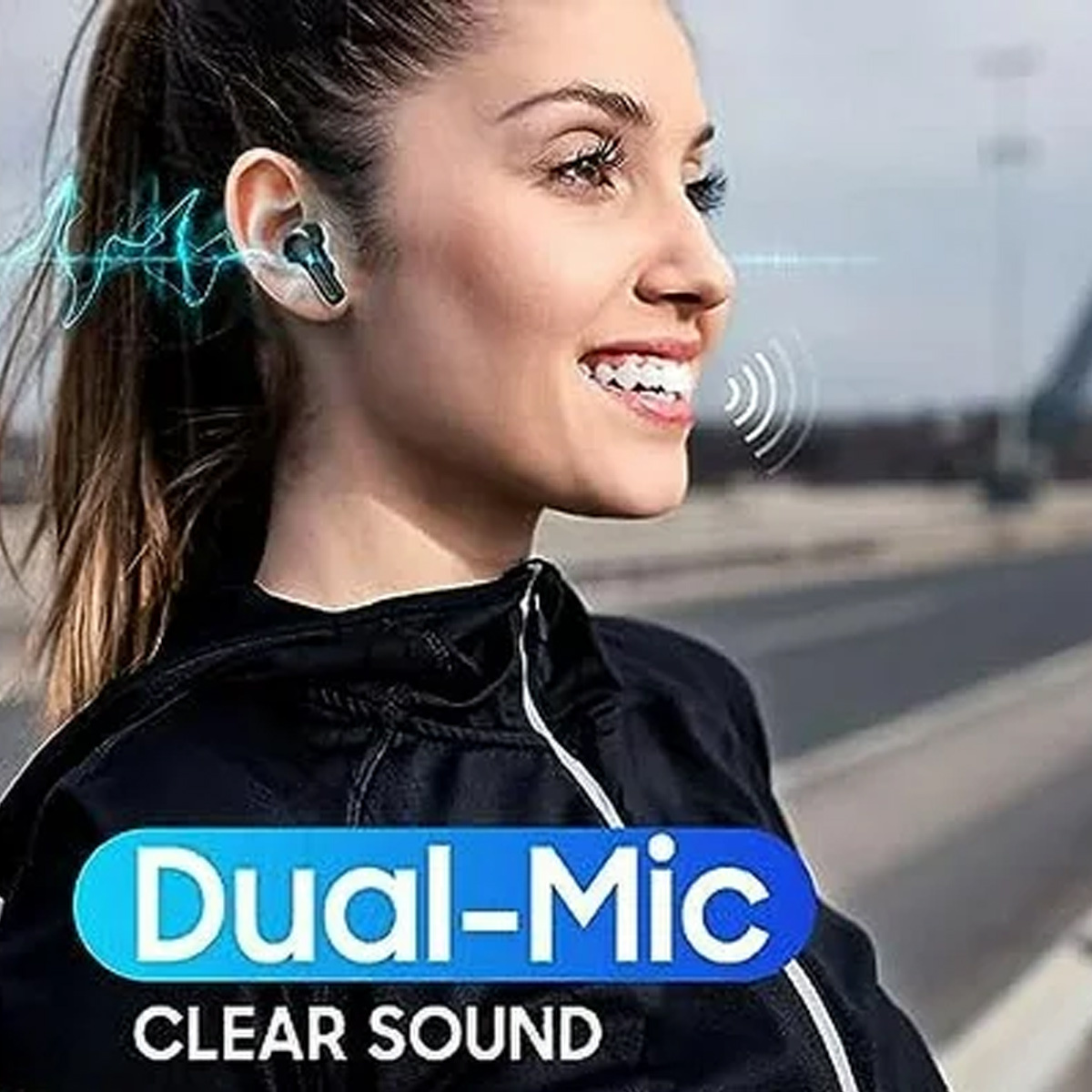 Eine Frau mit Ohrhörern, mit einem Banner 'Dual-Mic Clear Sound' darüber.