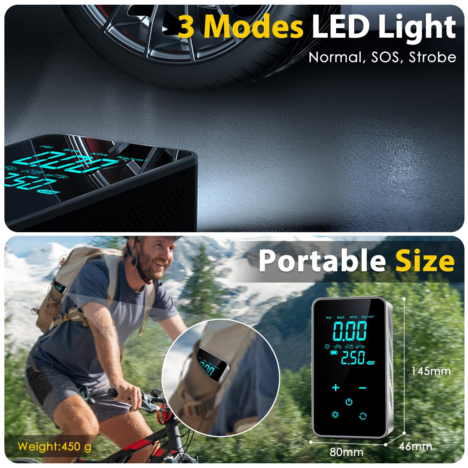 Kleines schwarzes Gerät mit digitaler Anzeige und Nutzer mit Fahrrad und Berg.