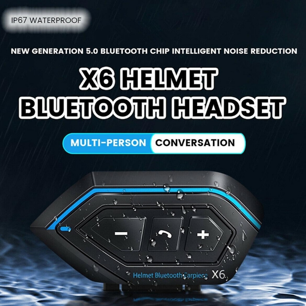 Schwarzes Bluetooth-Headset für Helm mit blauen Akzenten. Text: X6 HELMET BLUETOOTH HEADSET.