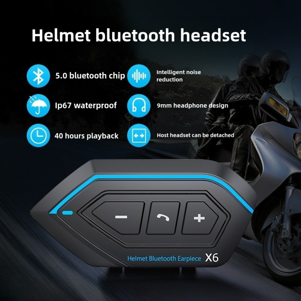 Ein schwarzes und blaues Helm-Bluetooth-Headset mit Symbolen und Text.